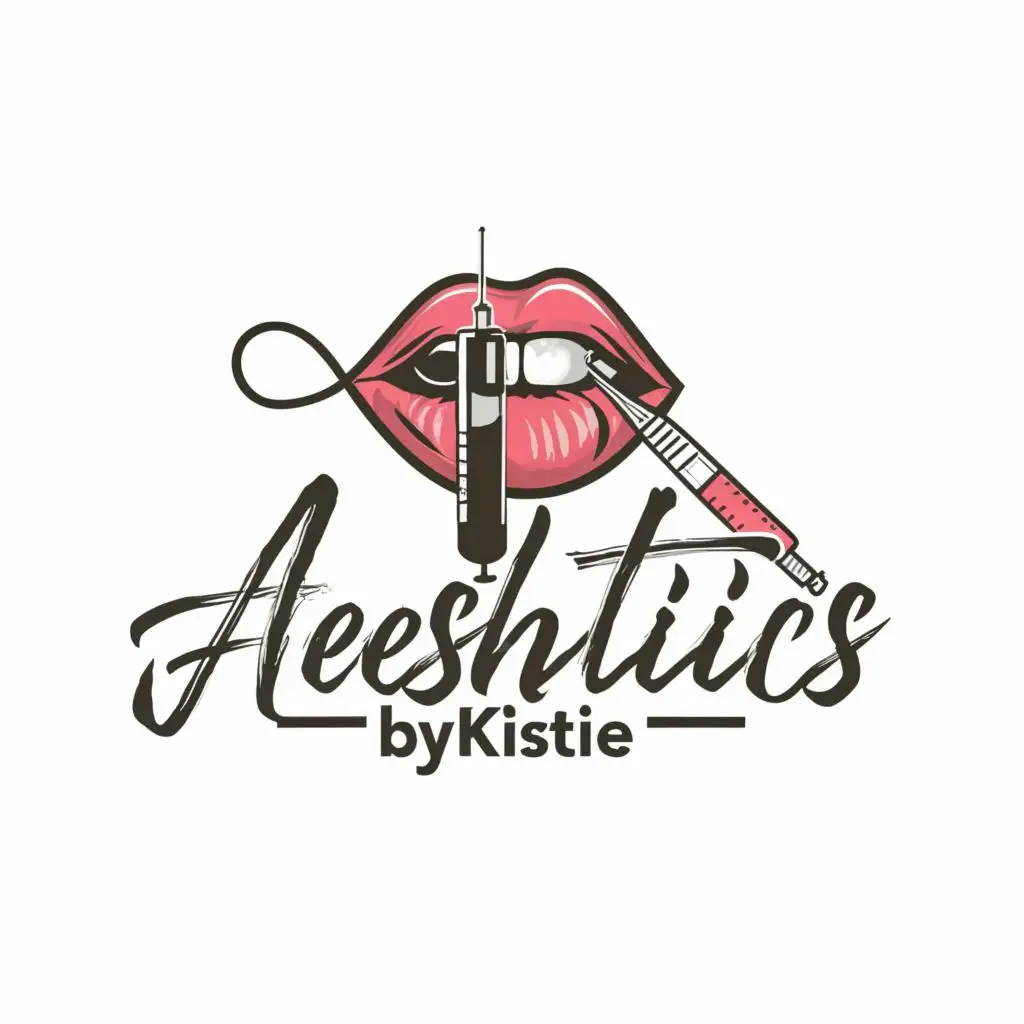 logo, lips and needle, with the text "AESTHETICS BYKIRSTIE", typography, be used in Beauty Spa industry