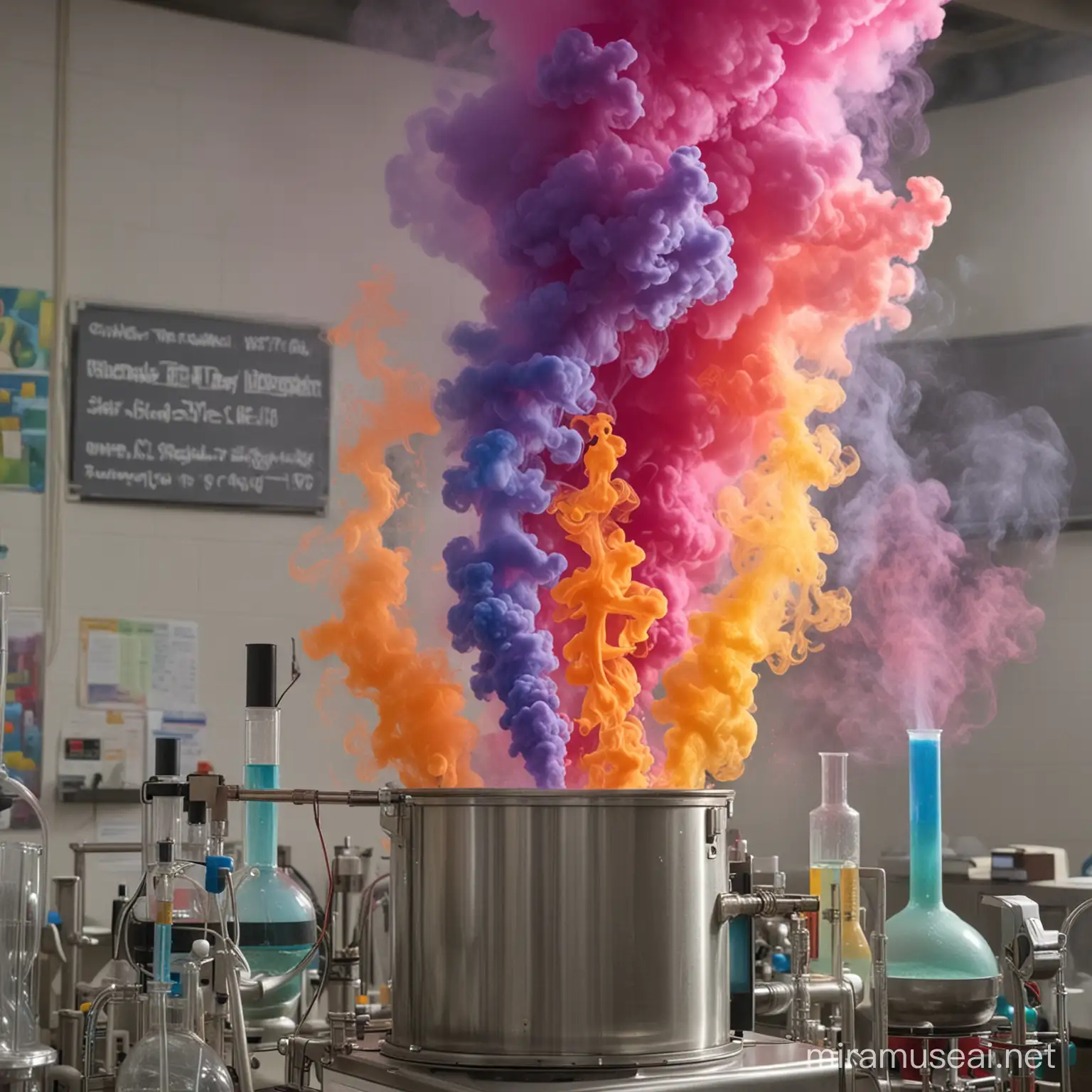 brightly colored smoke swirling through chemistry equipment.