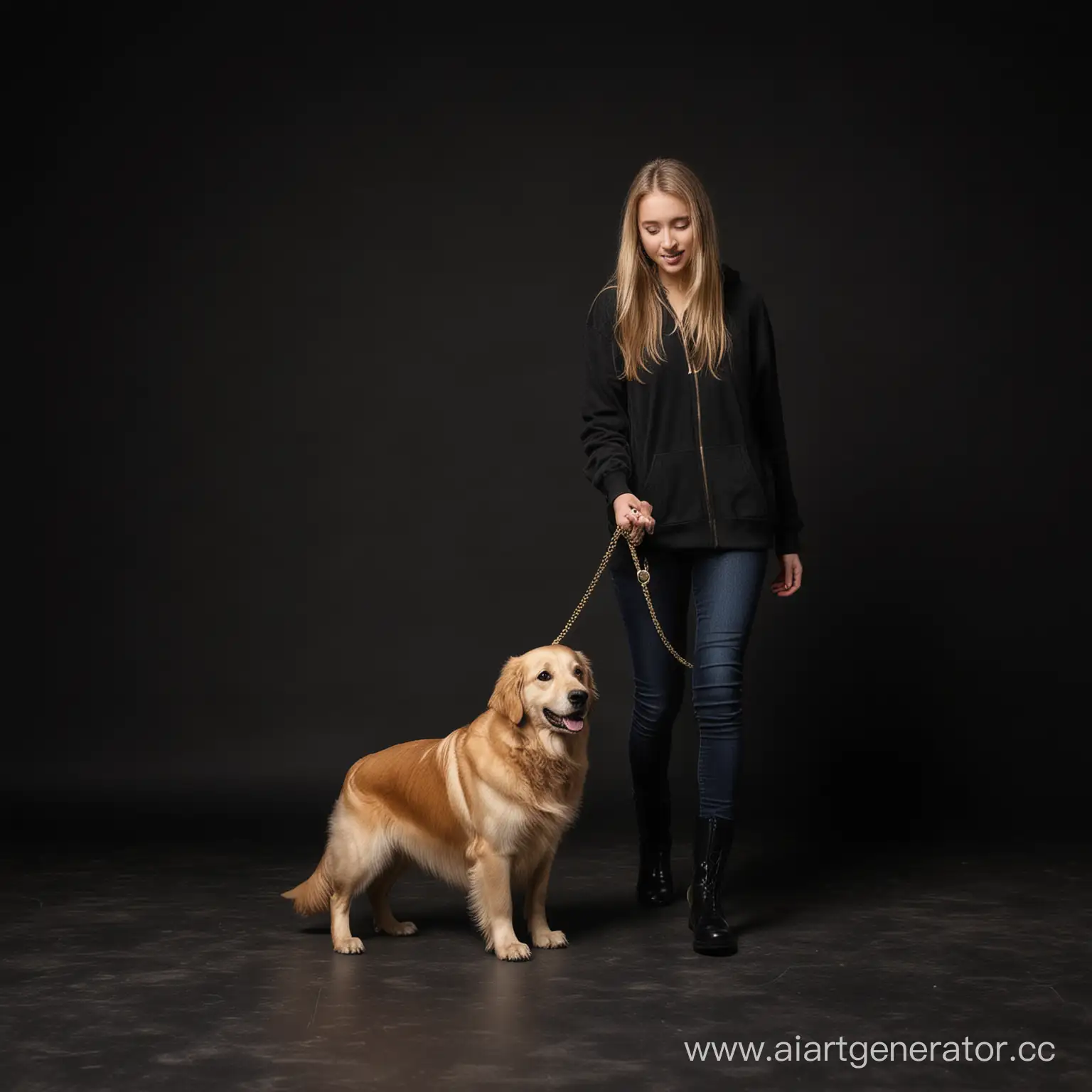 Girl-Walking-Golden-Retriever-on-Black-Background