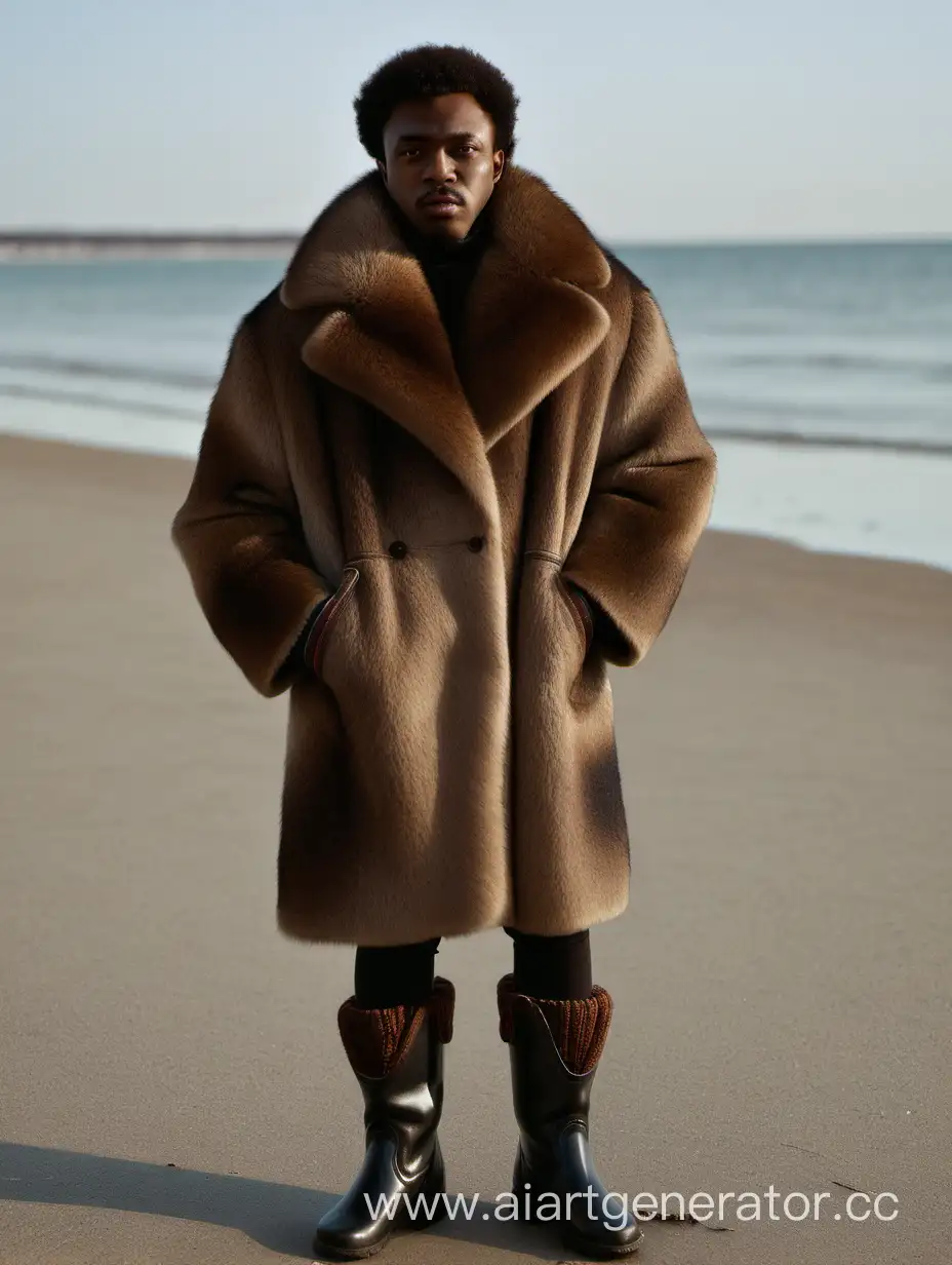 Black-Person-in-Fur-Coat-and-Russian-Felt-Boots-Standing-on-Beach
