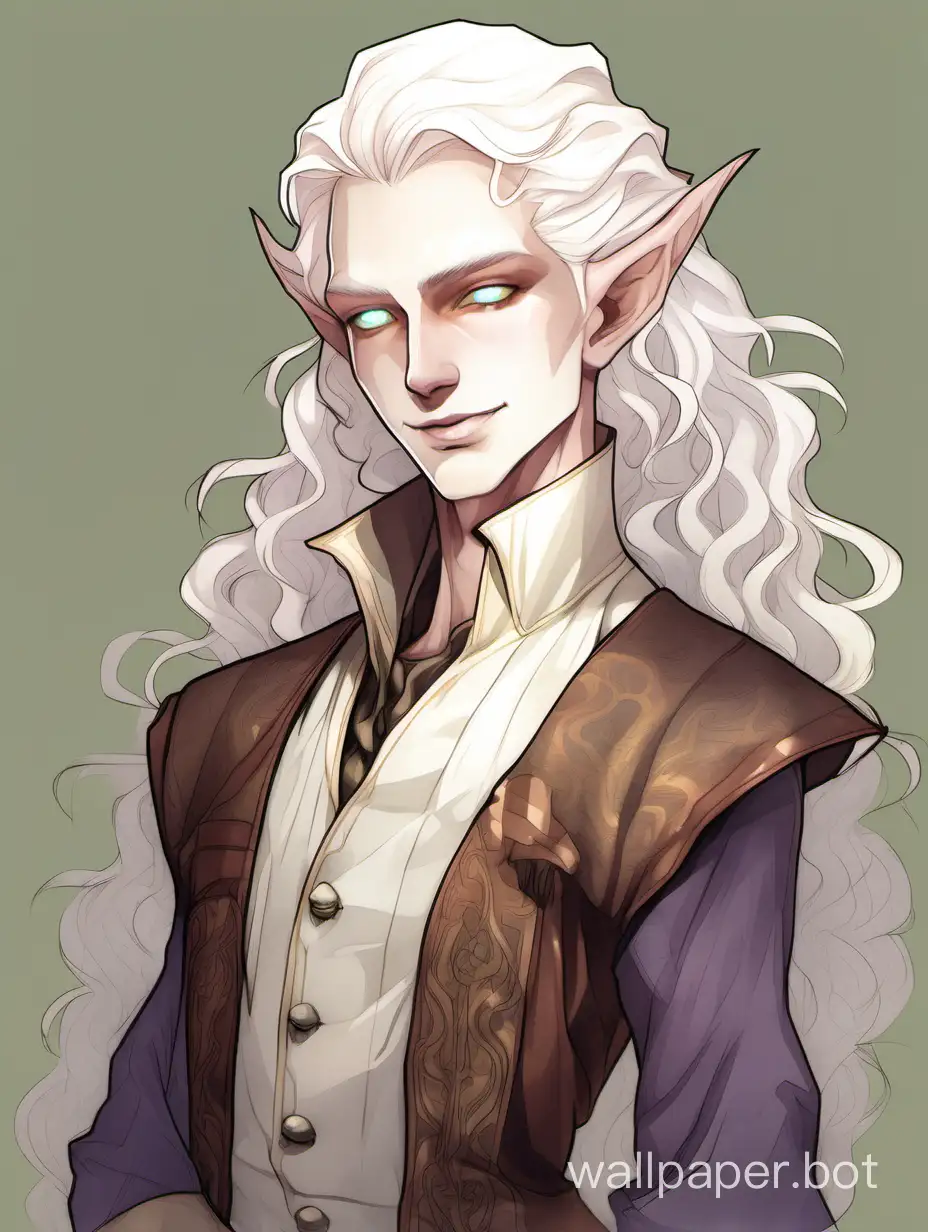 a D&D bard, dnd changeling, a changeling from dungeons and dragons, thin, slender, translucent ((pale white skin)), (wavy curly long white hair), ((glowing white eyes)), androgynous, flamboyant, nonbinary, pale body, lithe, pointed ears, almond shape eyes, charismatic smile, (bard adventurer clothes), renaissance, portrait, humanoid, friendly, pretty, character bust, wearing clothes, entertainer, performer, clean, baggy sleeves, waistcoat, straight slightly hooked nose, digital art, classic, watercolor, proportionate, anatomical, painting, shapeshifter, pretty face, white skin