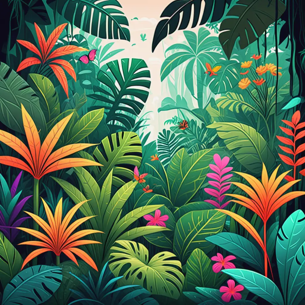 /imagine, kid illustration, exotic plants in a jungle, add floweres, CARTOON style, thick lines, low detail, vivid color–ar 9:11