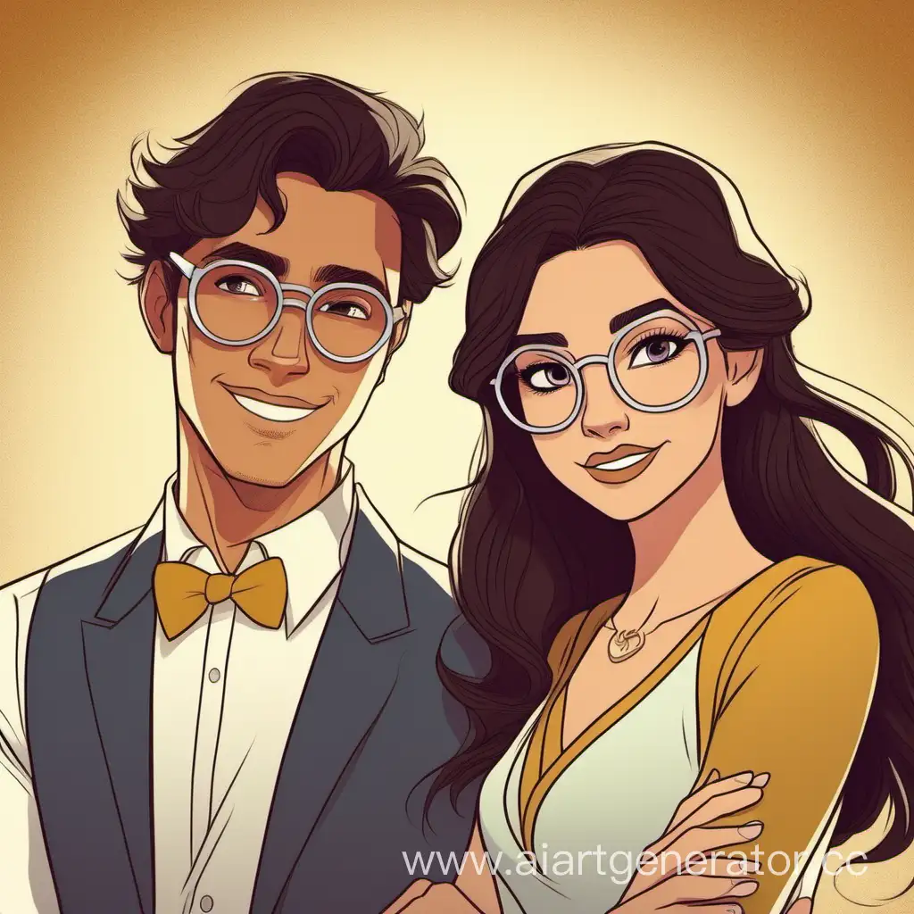 Disneystyle-Characters-Brunette-Guy-and-Girl-with-Golden-and-Silver-Glasses-in-Love