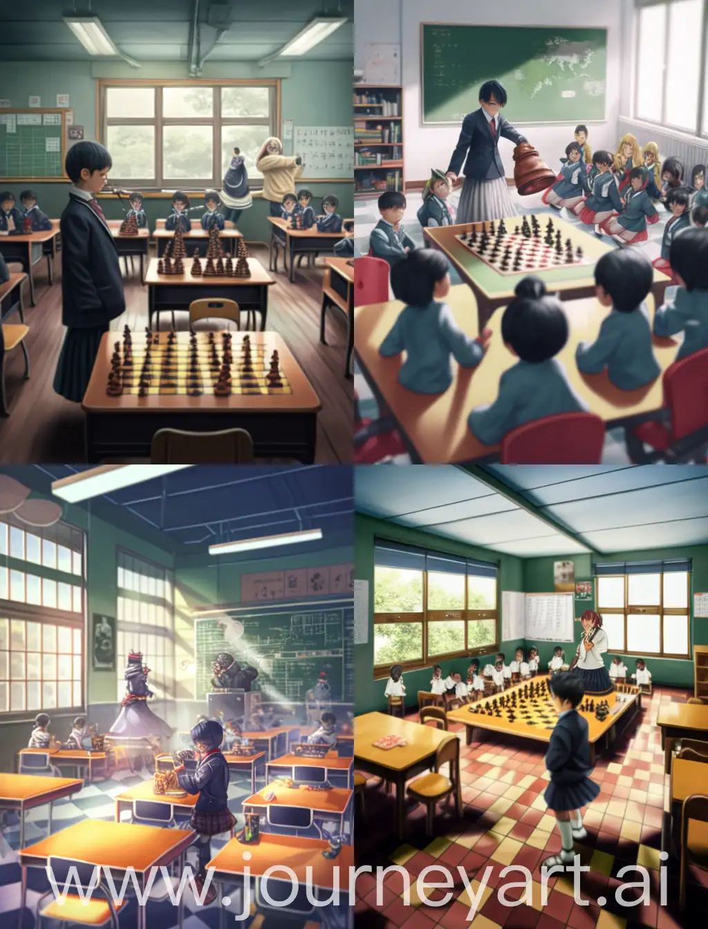 maestro de ajedrez hiper realista frente a clase en un salon de  una escuela con niños de educacion primaria