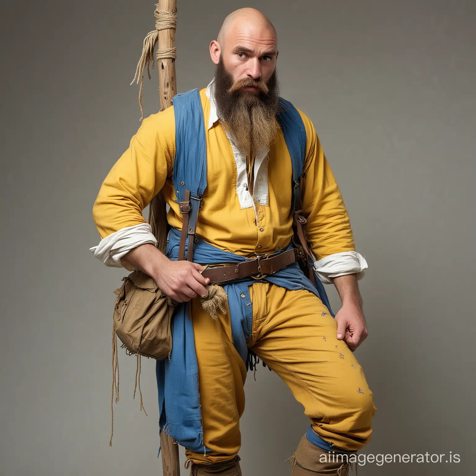MidHeight-Stocky-Man-in-19th-Century-Digne-Sweaty-Cap-Coarse-Canvas-Shirt-Tattered-Blue-Pants-Soldiers-Bag-Knotty-Stick