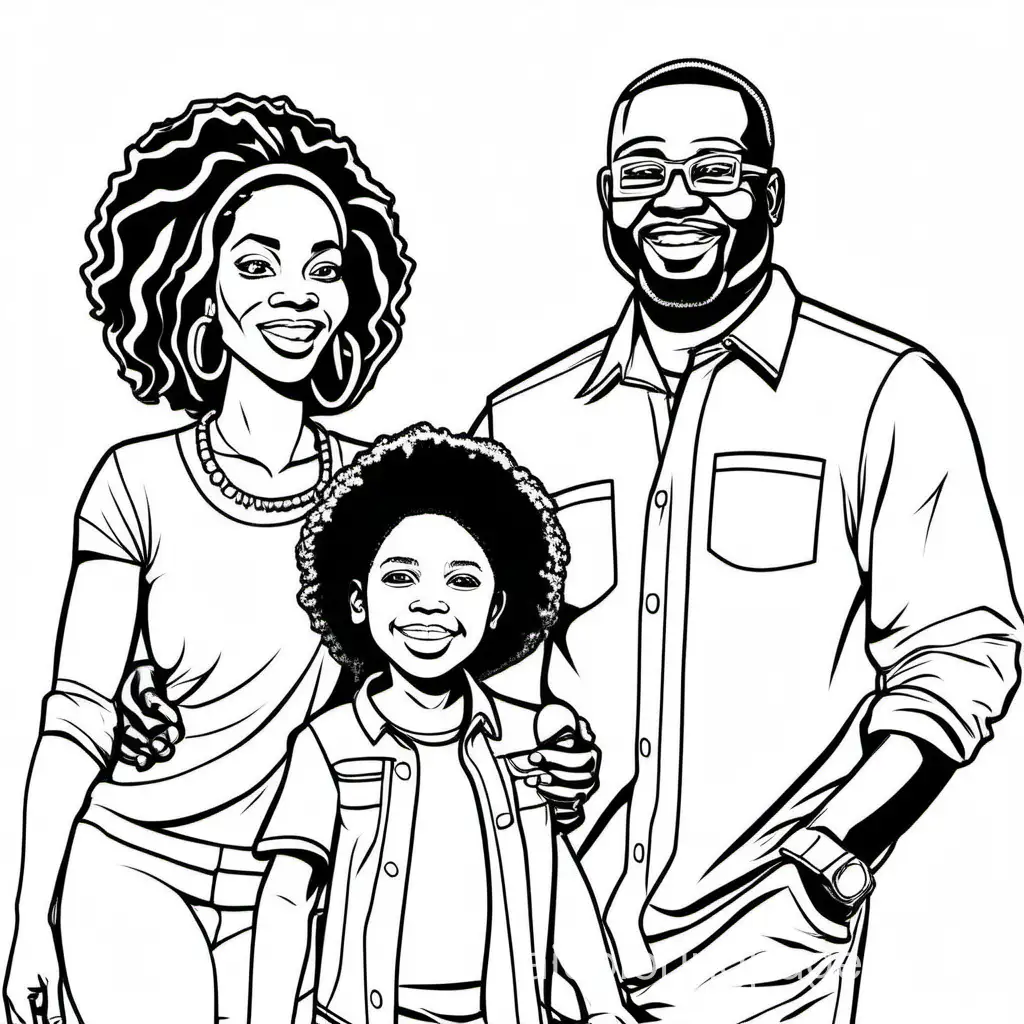 african american family, Coloring Page, black and white, line art, white background, Simplicity, Ample White Space. The background of the coloring page is plain white to make it easy for young children to color within the lines. The outlines of all the subjects are easy to distinguish, making it simple for kids to color without too much difficulty