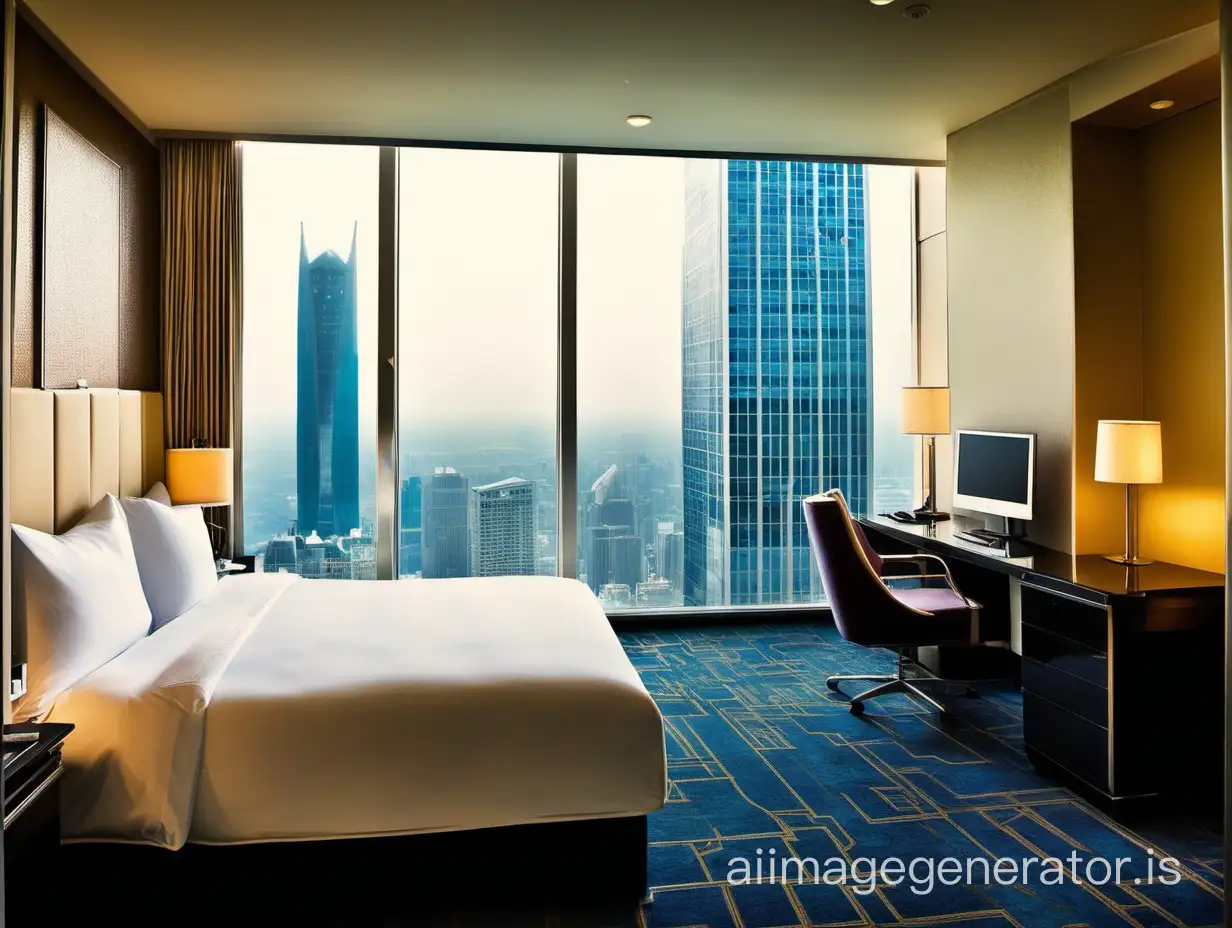 hotel room in skyscraper. bed on the left, desk on the right. window in front. the furniture are those of a 5 star hotel