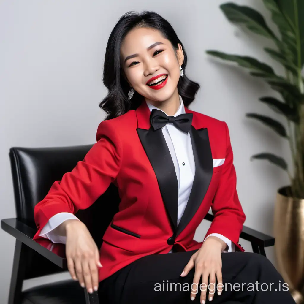 sophisticated and confident Vietnamese woman with shoulder length hair and lipstick wearing a red tuxedo with a white shirt with cufflinks and a black bow tie, (black pants), folding her arms, laughing and smiling. She is sitting in her chair, reaching her right arm toward you with a feather