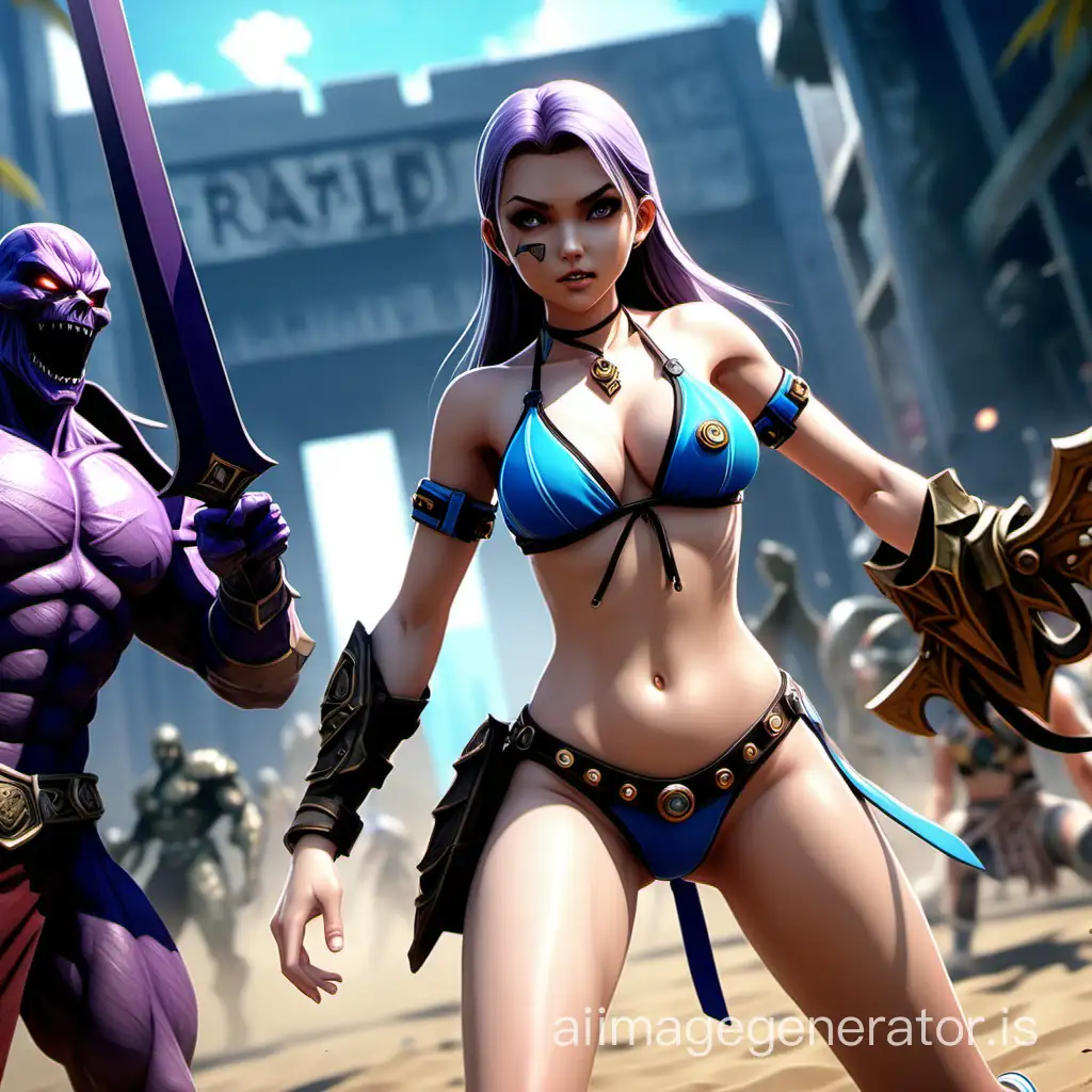 A 20-year-old girl in a bikini from the real world enters into a battle with a hero from the game RAID: Shadow Legends