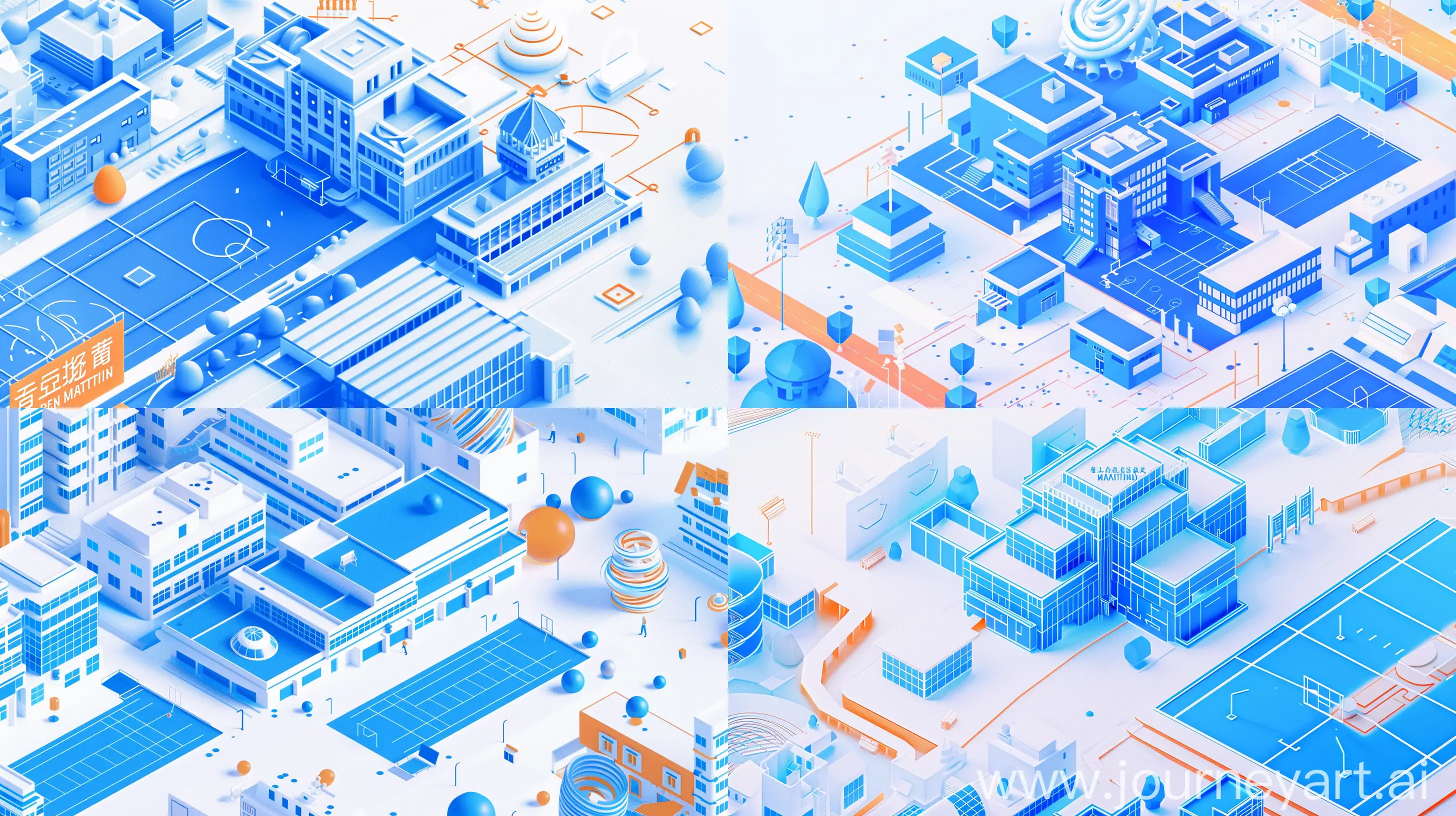 a banner, a building, a 3d isometric image of blue school, 16-year-olds Chinese Childrens, Chinese Senior High School. an athletic field. The background is white. blue icons and blue city streets, in the style of dan matutina, light white and light orange, minimalist detail, interactive installation, spiral group, contact printing, minimalistic elements --ar 16:9