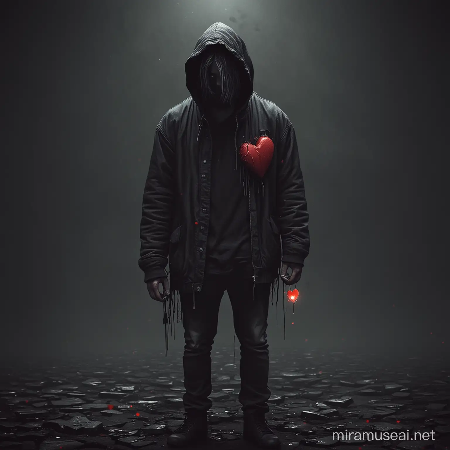 Lonely Man Holding a Broken Heart in Darkness