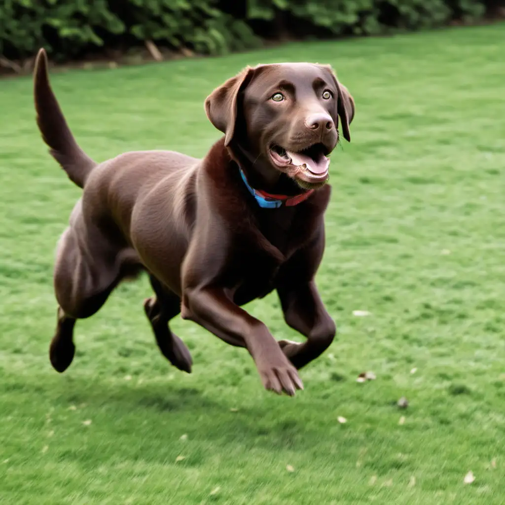 I need a picture of a chocolate labrador running away from a blonde woman as she chases him to catch him. He is running across grass. 
