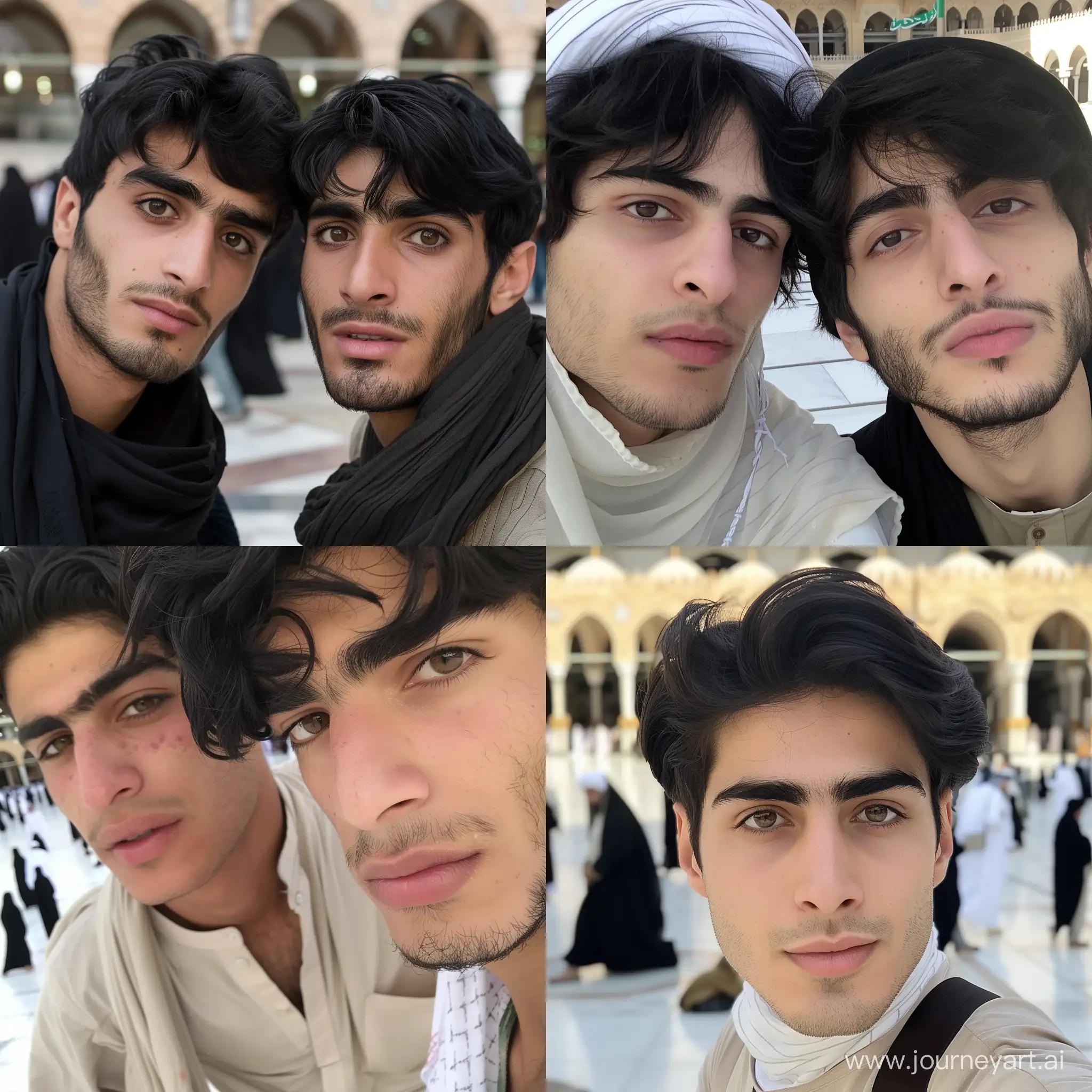 Смуглые иранские парни с черными волосами и карими глазами тусуются в Мекке