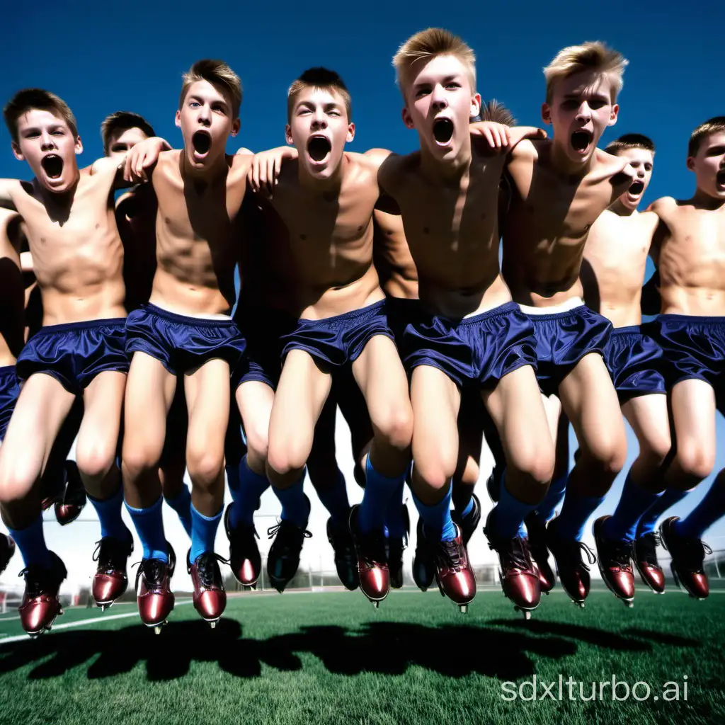 large group of athletic shirtless 17 year old high school school boys jump and dance in iron cleats soccer shoes low angle shot