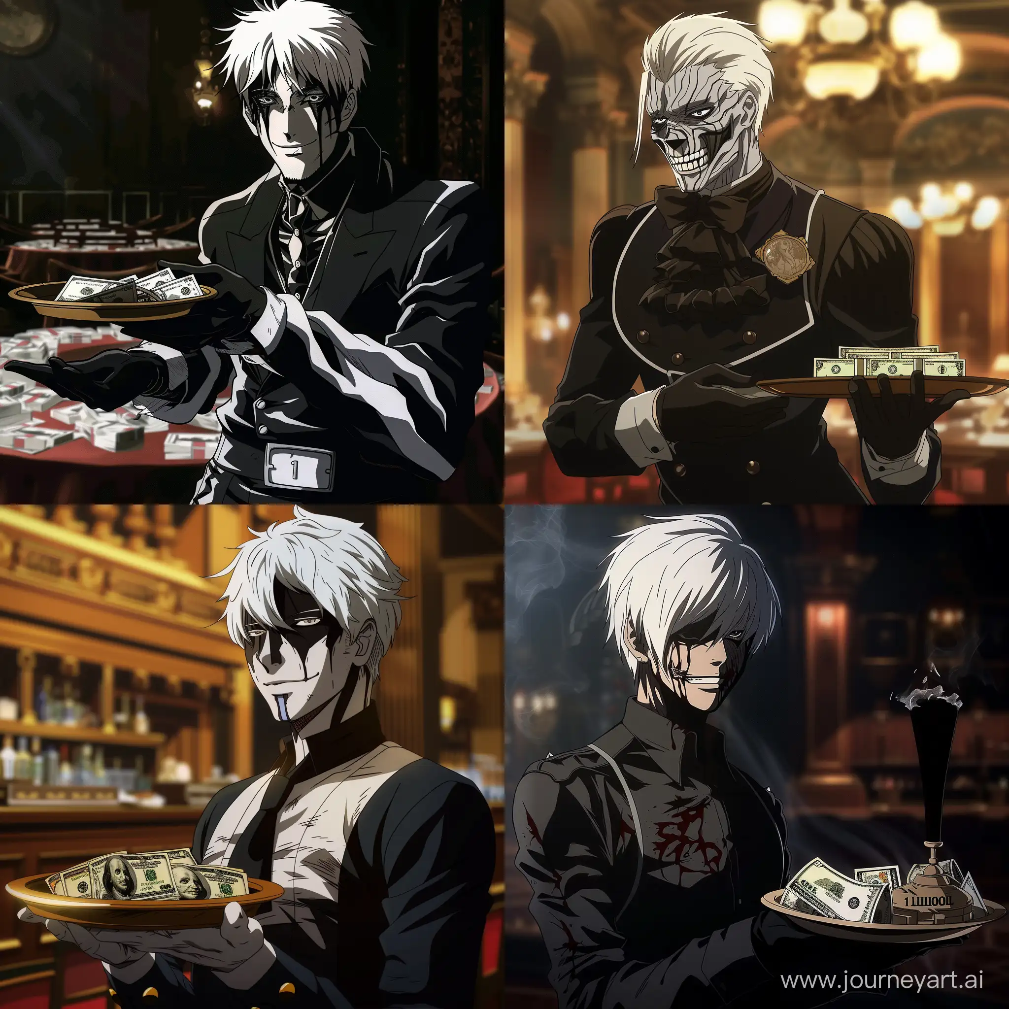 A  BUTLER IN berserk anime style , HE HAS WHITE HAIR AND BLACK SKIN, HE IS HOLDING A SERVING TRAY OF MONEY 1 MILLION DOLLARS.