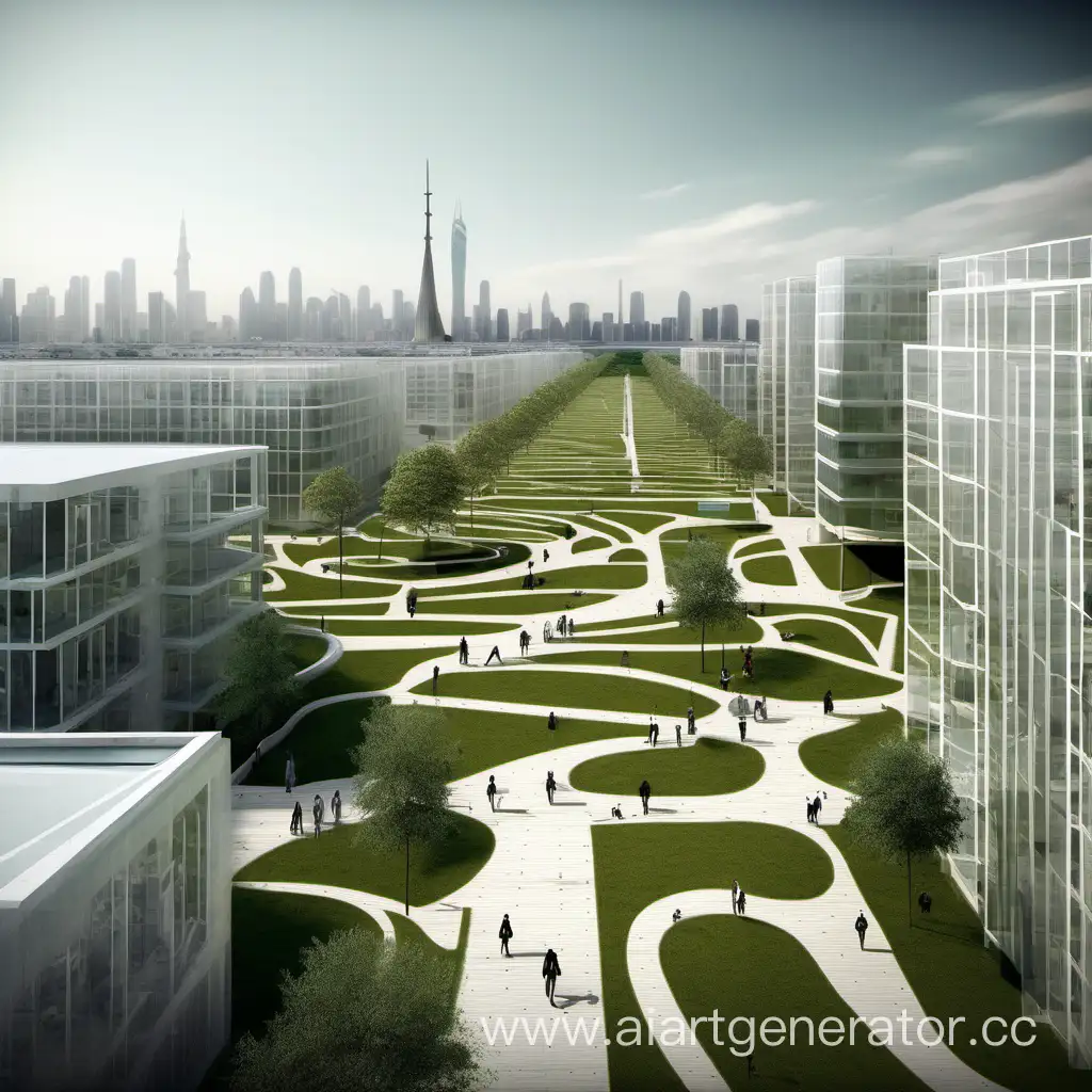 вид на город будущего нейросад ландшафтная архитектура

