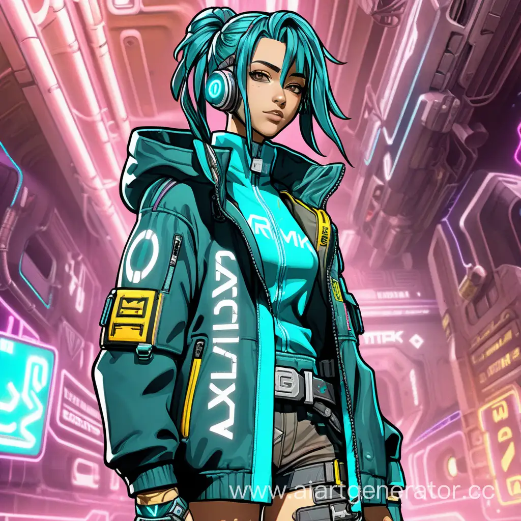 персонаж девушка из apex legends "conduit" в стиле аниме киберпанк в длинной куртке с надписью "WRMK"