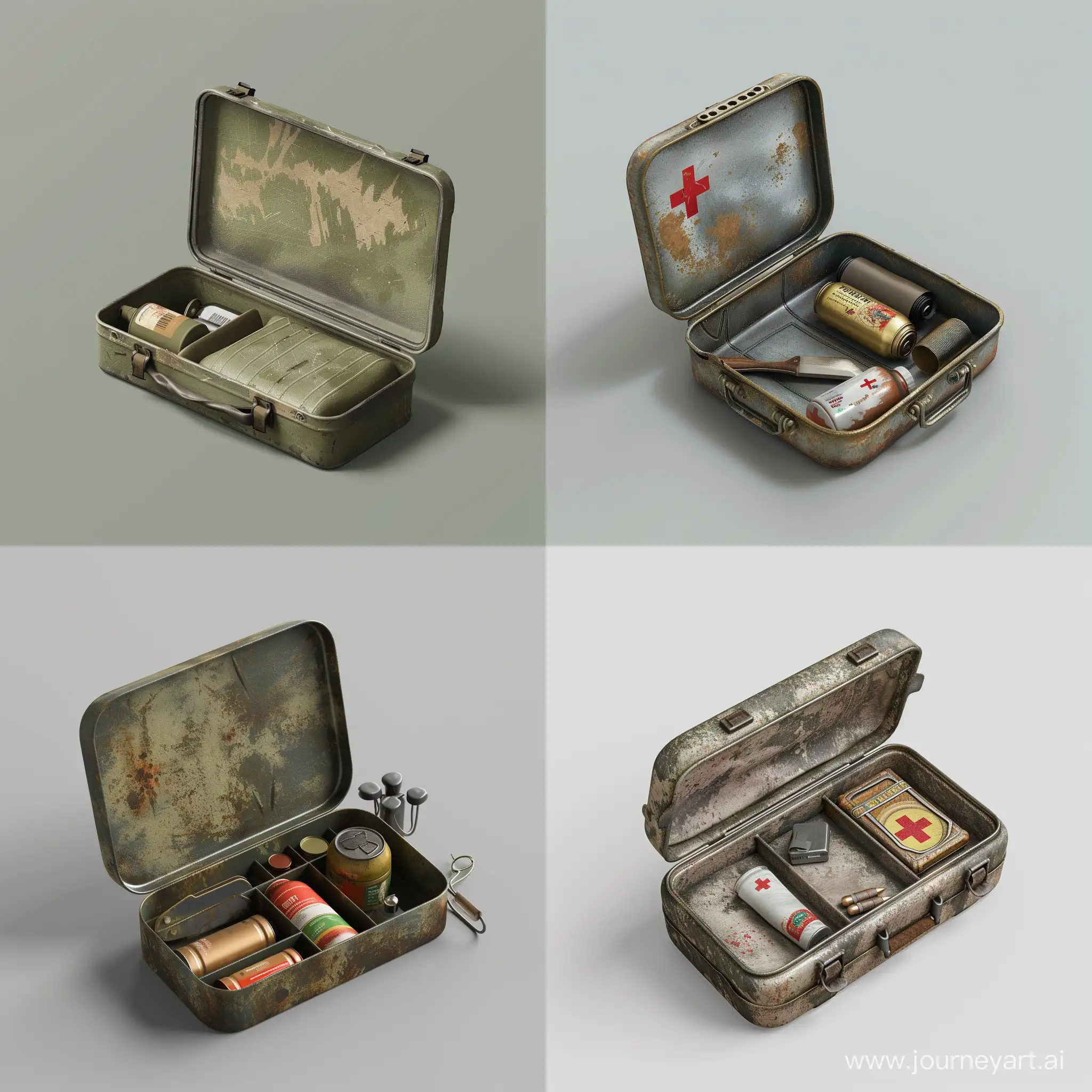 isometric realistic mini very small simple opened survival kit in realistic worn oblong metal case, 3d render, stalker style, less details, hunting first aid, hygiene, canned