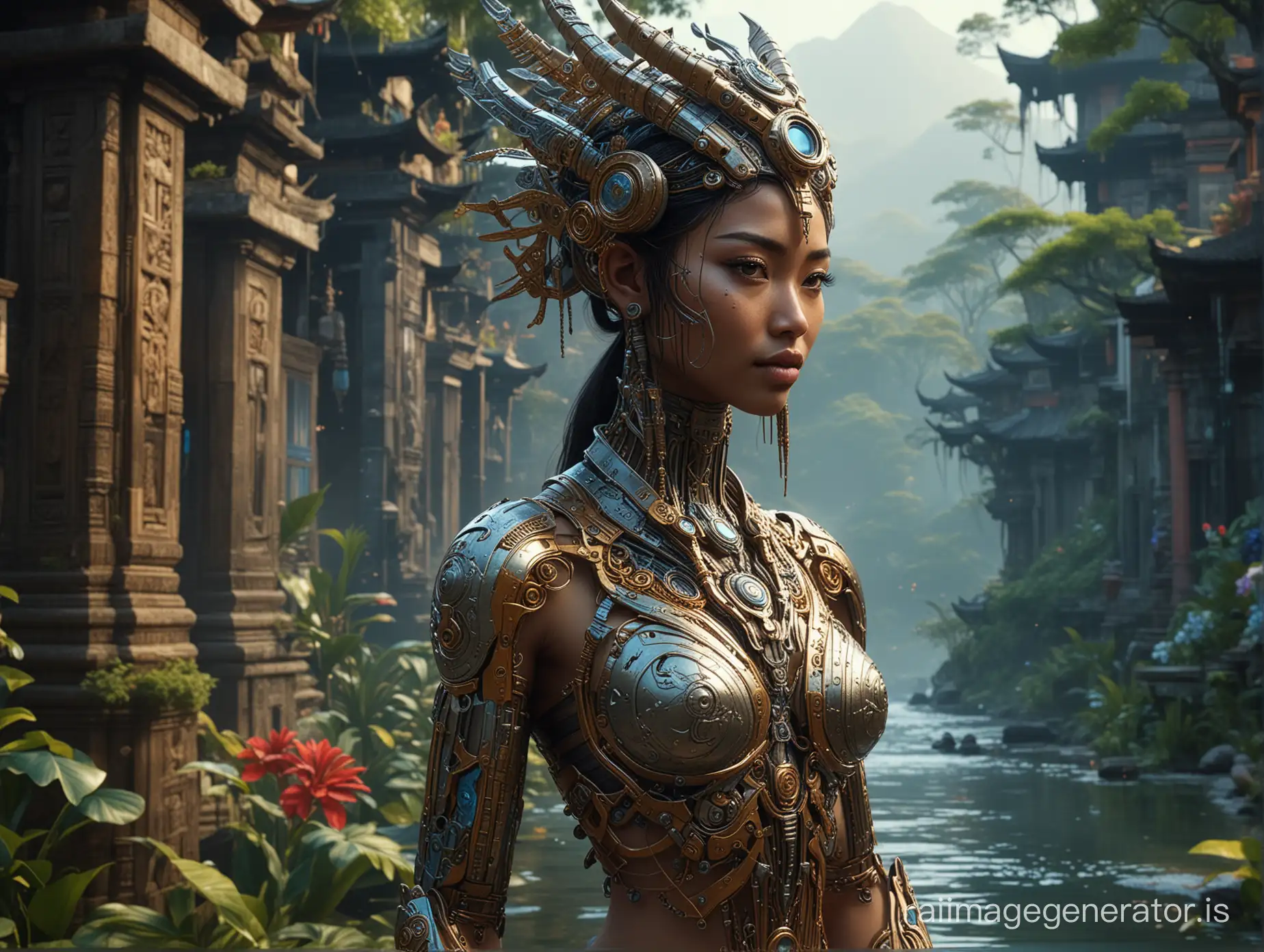 A mesmerizing 3D depiction of a Balinese Leak cyborg, a mythical entity from Balinese folklore, reimagined with a futuristic twist while maintaining traditional Balinese elements. The intricate design of the cyborg's form combines ancient myth with advanced technology, creating a captivating and visually dynamic character that embodies the convergence of past and future. Against a backdrop of futuristic scenery, the artwork shines with high contrast and intense color saturation, highlighting the intriguing juxtaposition between the mythological and the modern. Crafted with RenderMan, this high-definition piece showcases the artist's mastery in blending cultural heritage with science fiction, inviting viewers into a realm where imagination knows no bounds and the boundaries between tradition and innovation blur in a mesmerizing display of creativity