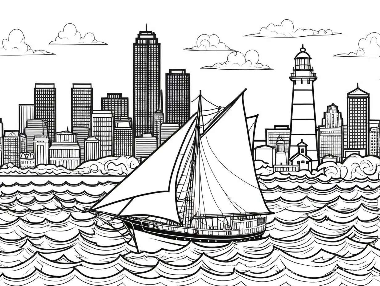 boston city skyline with lighthouse and a tall ship in the ocean, Coloring Page, black and white, line art, white background, Simplicity, Ample White Space. The background of the coloring page is plain white to make it easy for young children to color within the lines. The outlines of all the subjects are easy to distinguish, making it simple for kids to color without too much difficulty