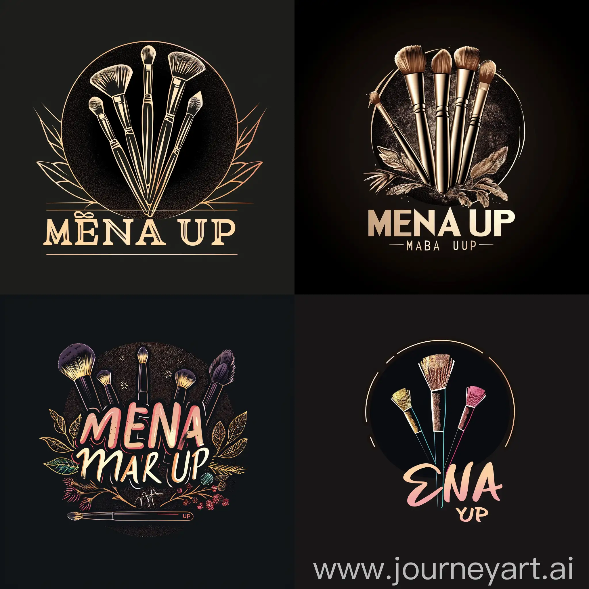 Black background make a logo for make up with brushers and write MENA Make Up 