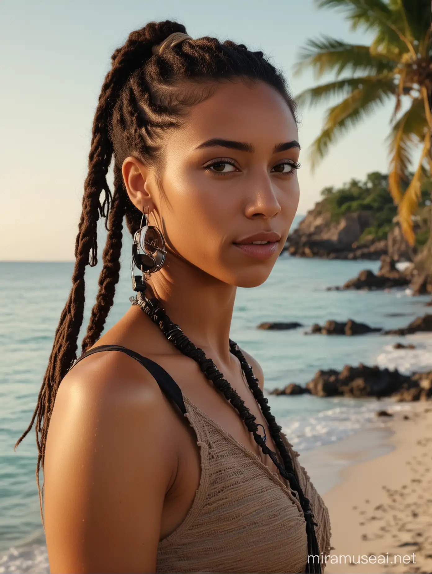 A 4K, real professionally done Hyperdetailed  photo of stylish beautiful carribean woman with ponytail dreadlocks, old Motorola phone, in the style of light brown and dark black, fashwave, mesoamerican influences, carribean shore background, Professional lighting, candid celebrity shots, uhd image, body extensions, natural beauty --ar 69:128 --s 750 --v 5. 2