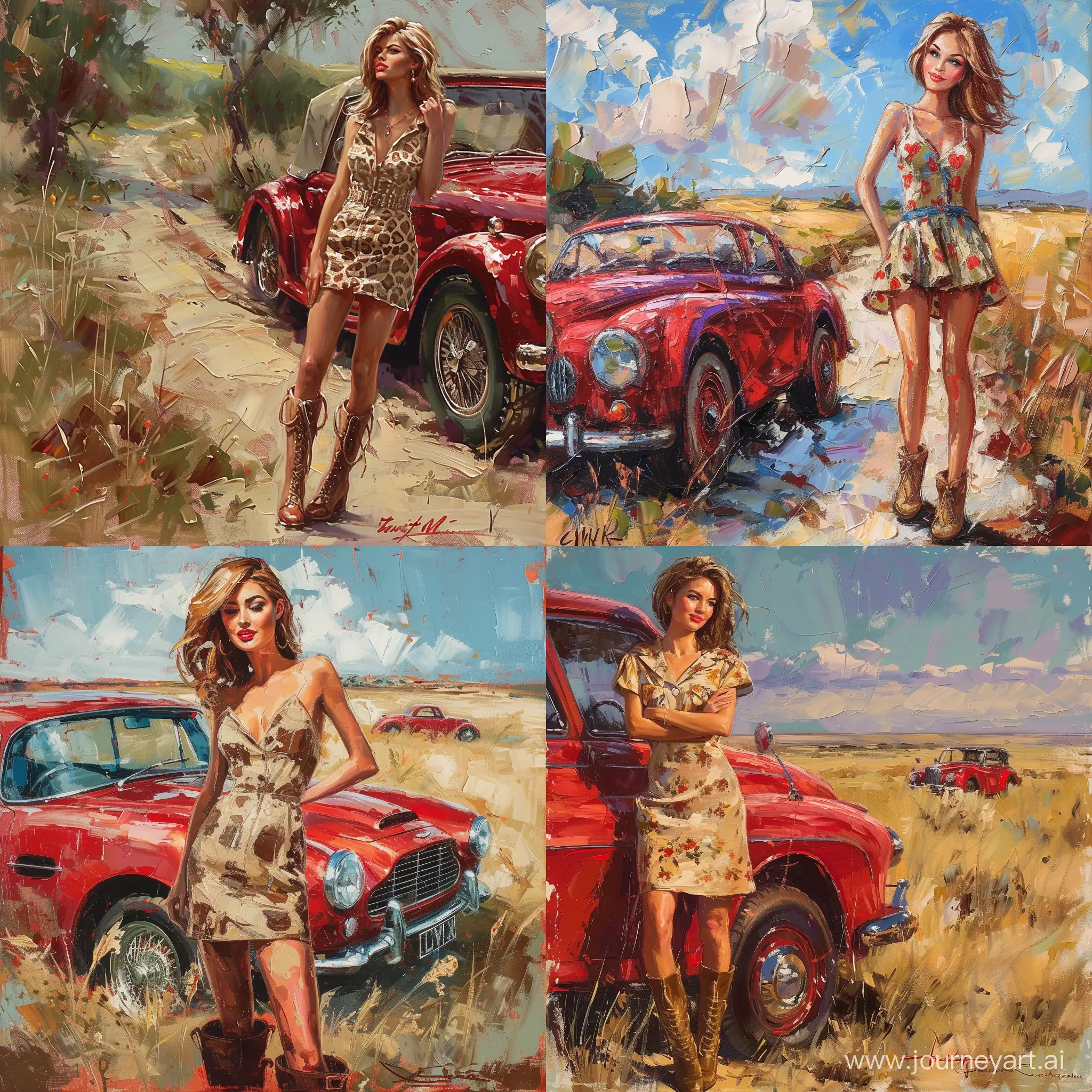 Beautiful impressionism painting of a beautiful vintage styled British lady wearing safari dress,tan skin ,rosy cheeks,red heart shaped lips,standing wearing  Boots  near Vintage red beautiful luxurious car,warm breeze,brown hair ,visible impressionism painting brush strokes , beautiful artwork