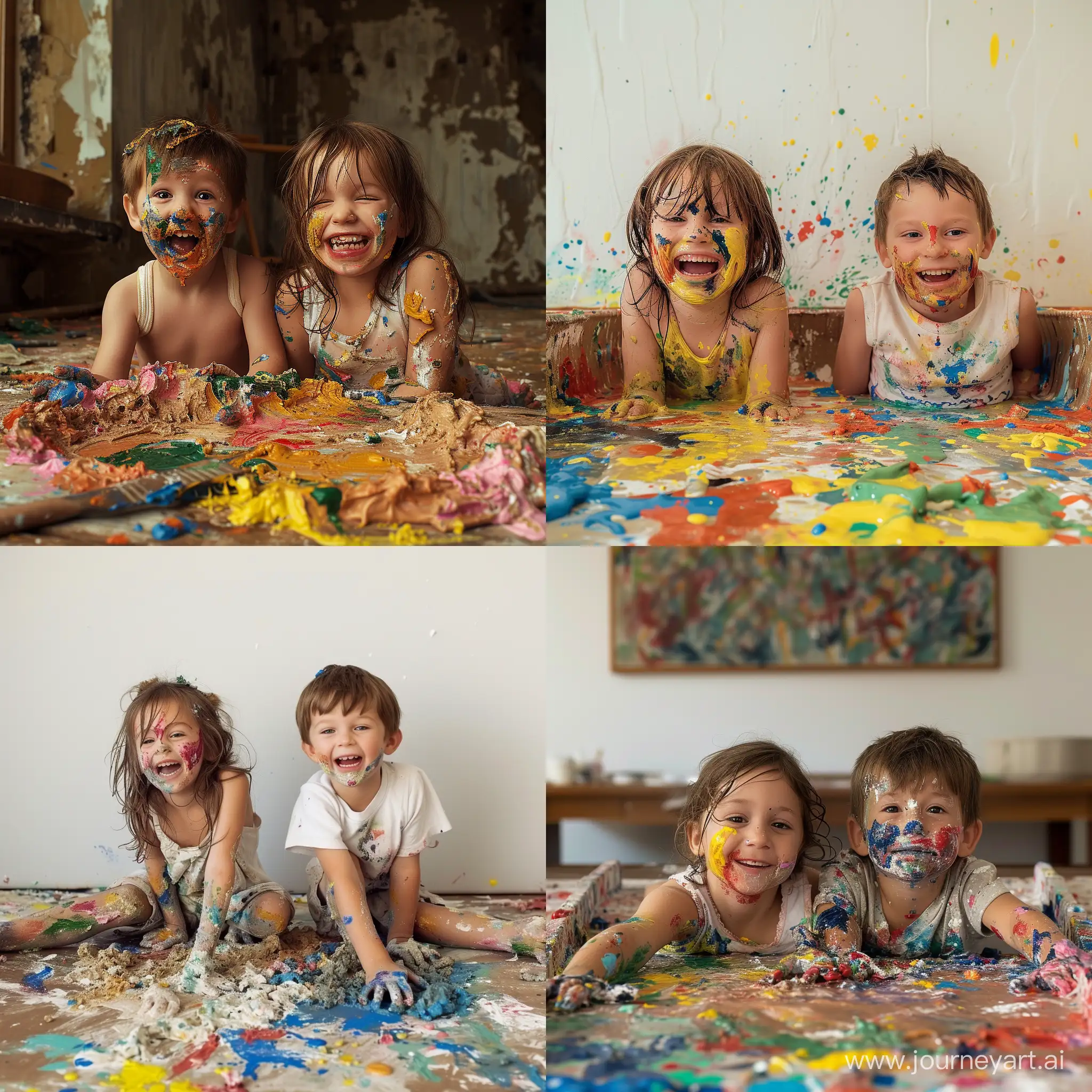 Мальчик и девочка веселятся, играют и перемазались в строительной краске всевозможных цветов, оставленной родителями для ремонта квартиры, фотография, гиперреализм, высокое разрешение