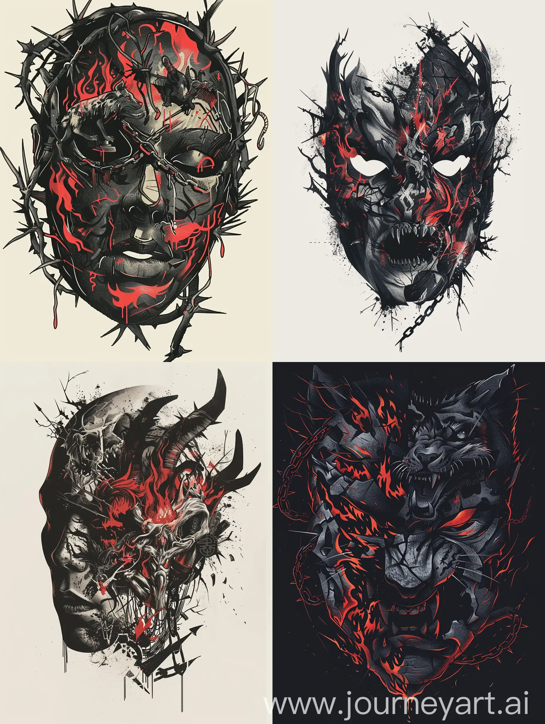 I need a mask design that follows the contours of a human face but appears very fierce. The mask should be primarily in black with red accents and graffiti-style designs. These designs should include aggressive elements like fire, predatory animals, thorns, and broken chains. The mask should retain the shape of human facial features but convey a menacing and intimidating appearance.