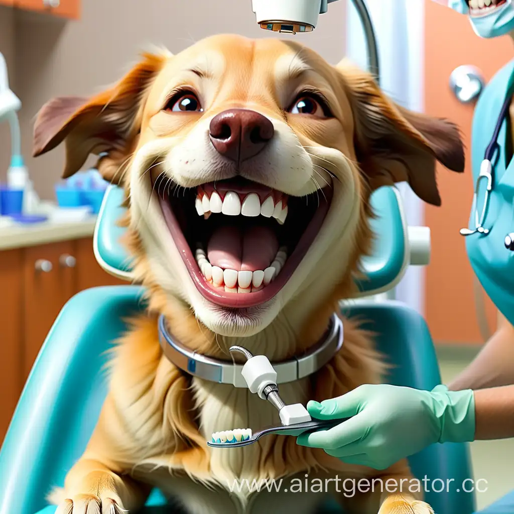 Добрая собака с улыбкой и зубами у доктора стоматолога
