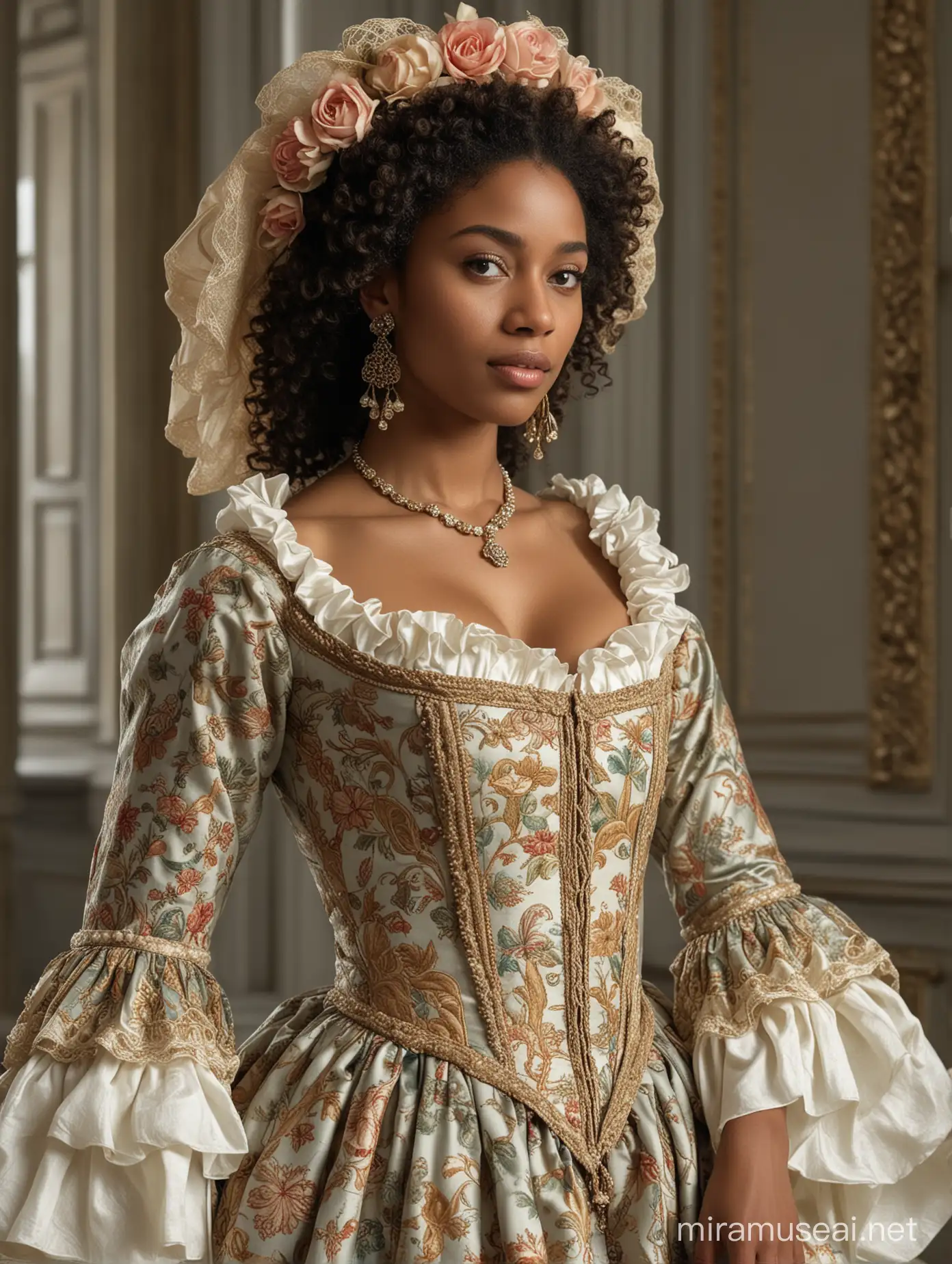 Elegant Caribbean Woman in Boticellistyle 17th Century Gown HighQuality UHD Portrait