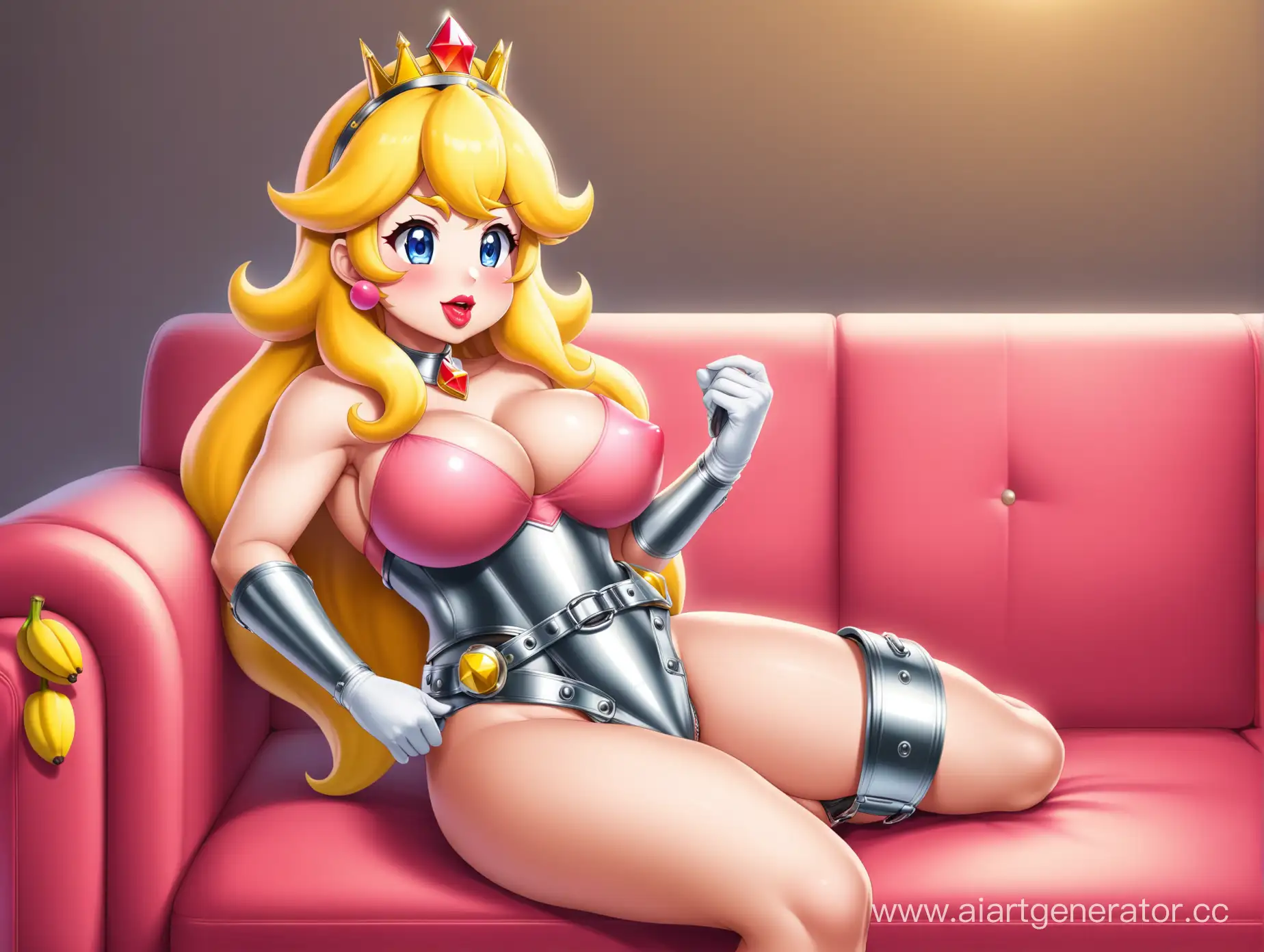 princess Peach with big silicone red lips. big silicone breasts . Eat banana.
sitting on the couch. wearing steel chastity belt.