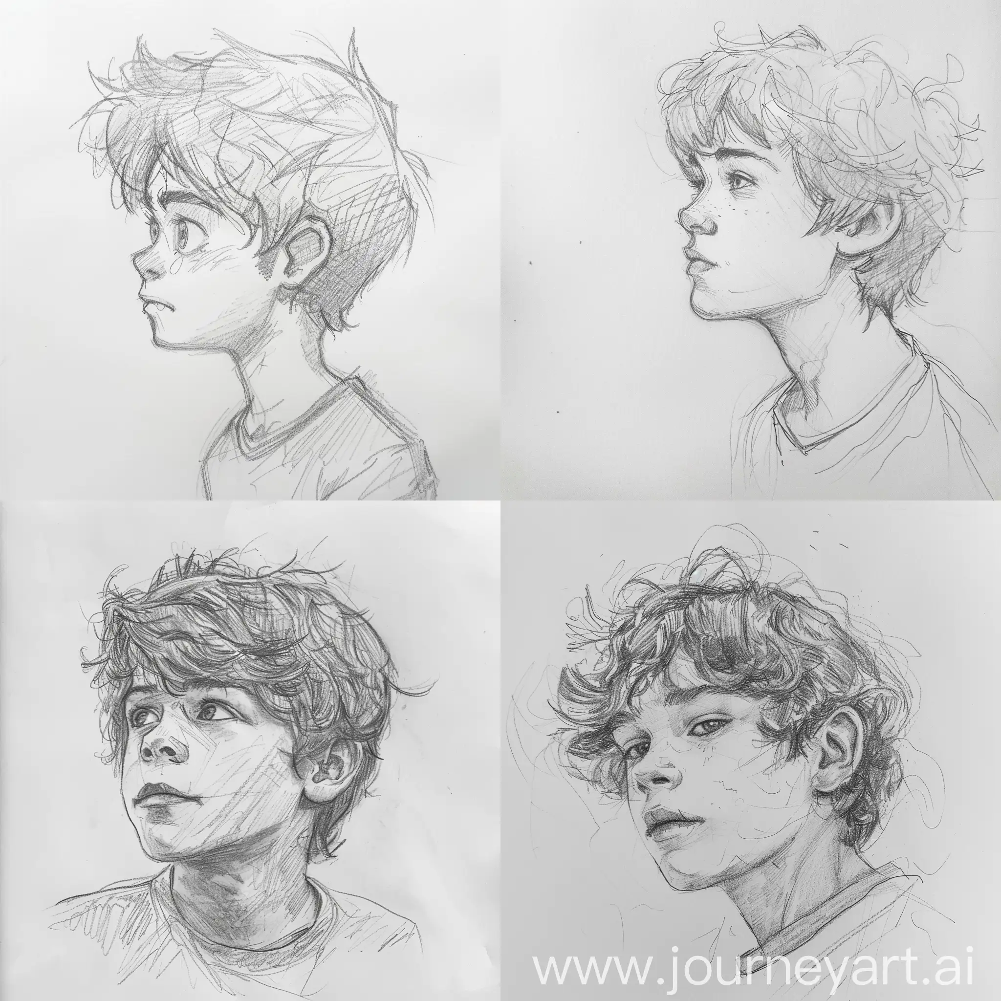 make a pencil sketch of a boy. background white, position left side of the pic, the boy has scattered hair