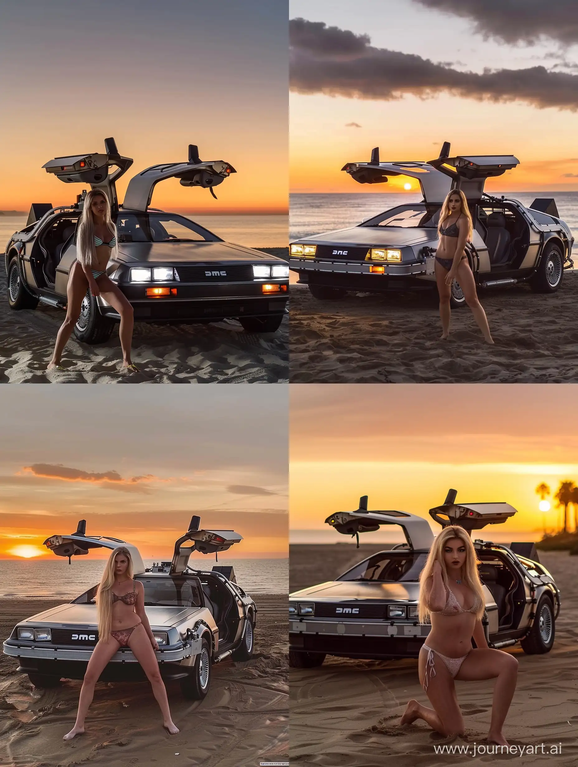 Blonde in a swimsuit posing with the Back to the Future delorean on a beach at sunset.