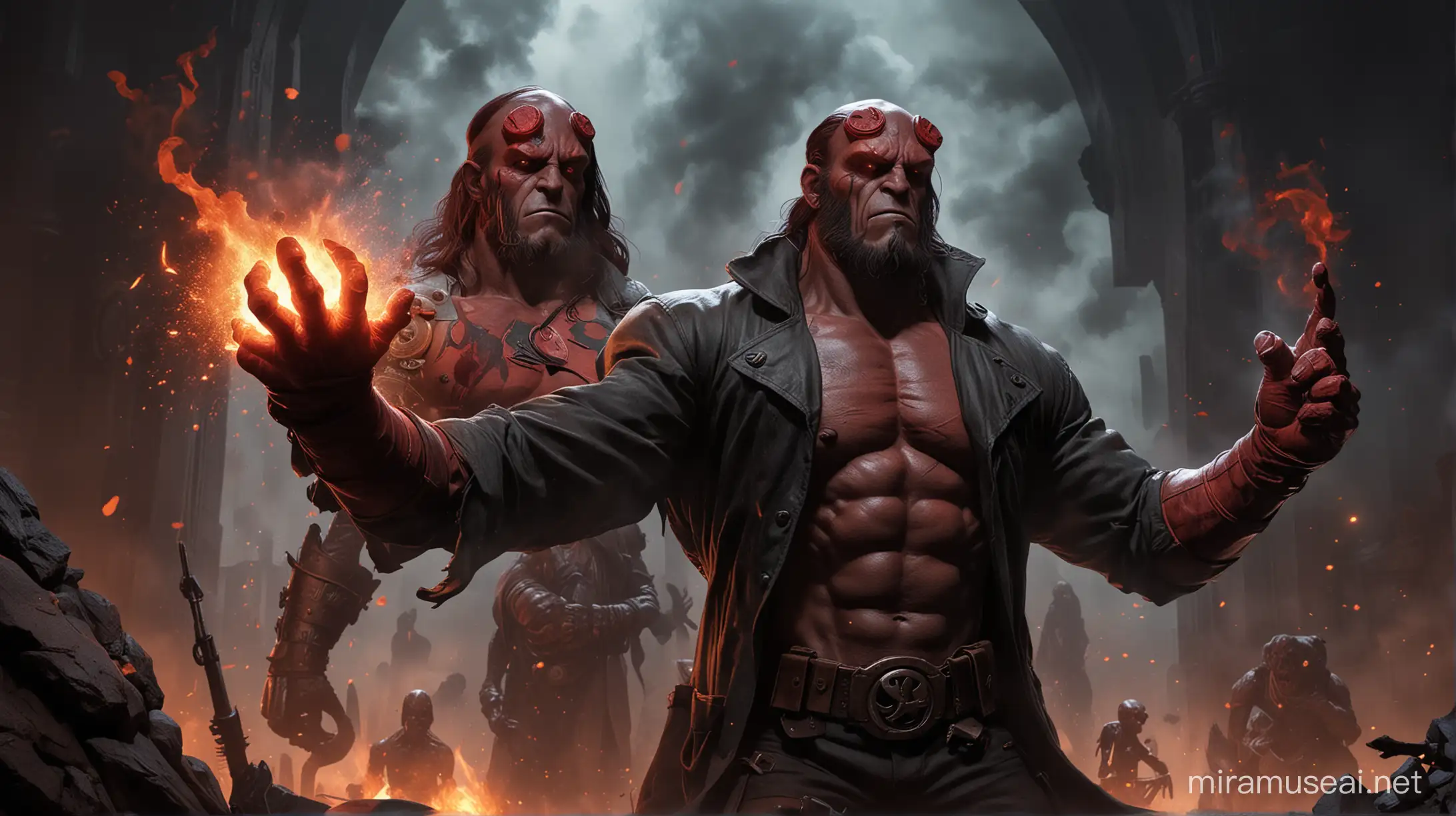 Feature a prominent image of Hellboy in a dynamic pose, showcasing his iconic red-skinned appearance, muscular physique, and his signature Right Hand of Doom. Position him towards the center of the thumbnail to draw attention.  Use a background with fiery and smoky elements , Incorporate shades of red, orange, and black to evoke the fiery atmosphere associated with Hellboy's world.  Include smaller images or silhouettes of other key characters from the movie, such as Liz Sherman or Abe Sapien, Position them strategically around Hellboy  Enhance the thumbnail with sparks, smoke, or glowing symbols associated with Hellboy's supernatural world.
