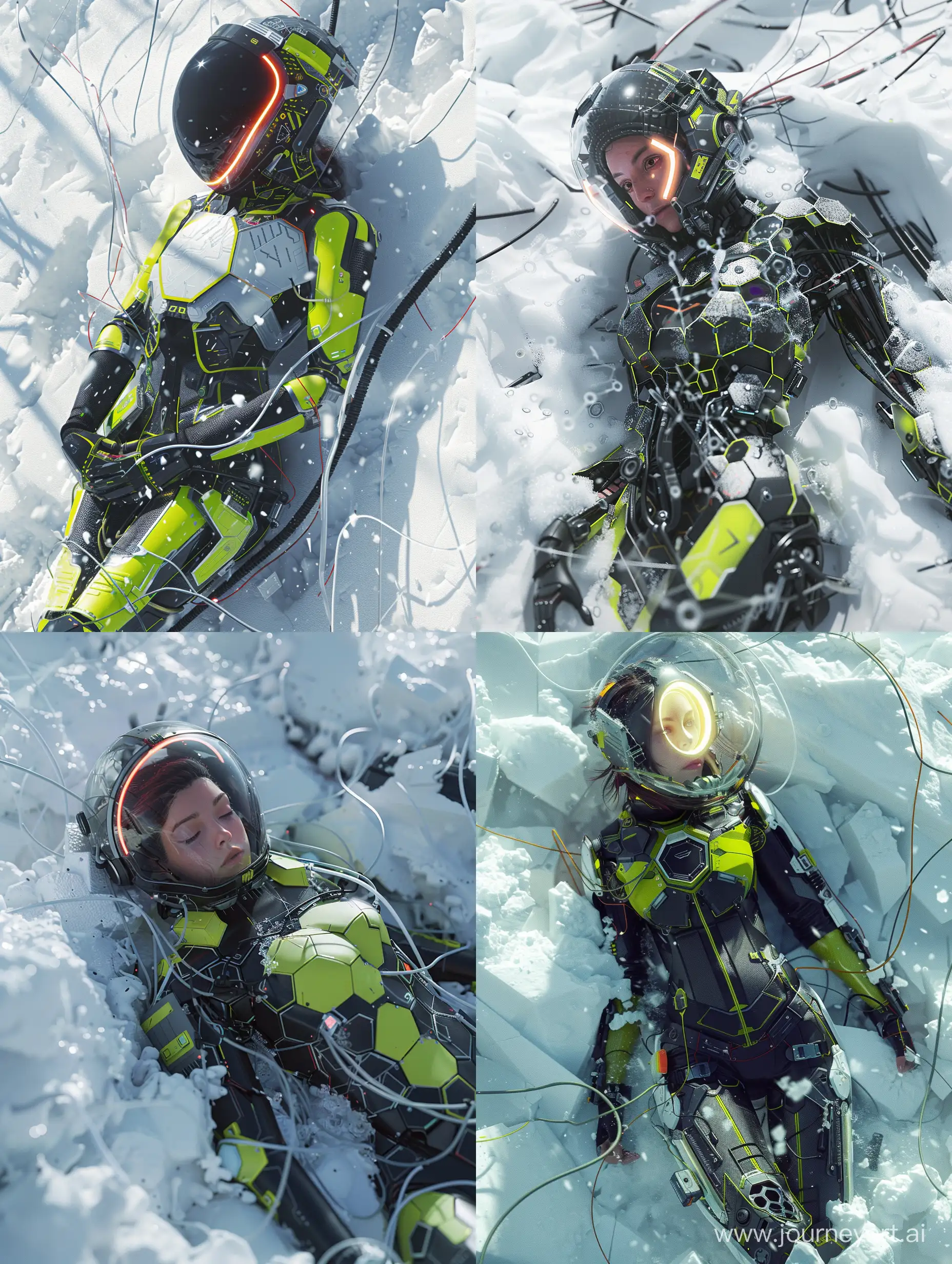 a half body mid journey V6 super high quality,high definition, high resolution, high detail cinematic worm view dynamic scene where a cyberpunk female with a halogen like helmet side amidst a vibrant volumetric completely white snowy and icy landscape,The armor she is wearing is partially transparent, revealing the hexagonal black and lime armor which is adorned with intricate detailing, seamlessly integrating advanced technological enhancements on the armour. Volumetric lighting casts dramatic shadows, enhancing the ultra-realistic cinematography and creating a contrast between the female and the environment. The scene is full of details, such as wires, tubes, monitors, and other oddities as well as reflections, glows, The scene is rendered in a realistic style, with high definition, high resolution, and high detail.