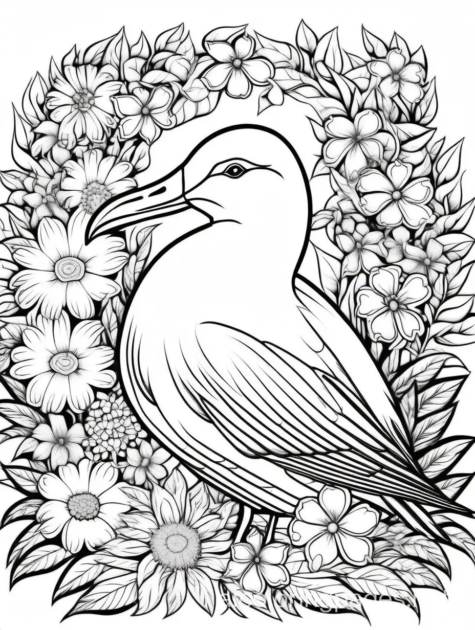 Albatross in flowers for adults for women, Coloring Page, black and white, line art, white background, Simplicity, Ample White Space. The background of the coloring page is plain white to make it easy for young children to color within the lines. The outlines of all the subjects are easy to distinguish, making it simple for kids to color without too much difficulty