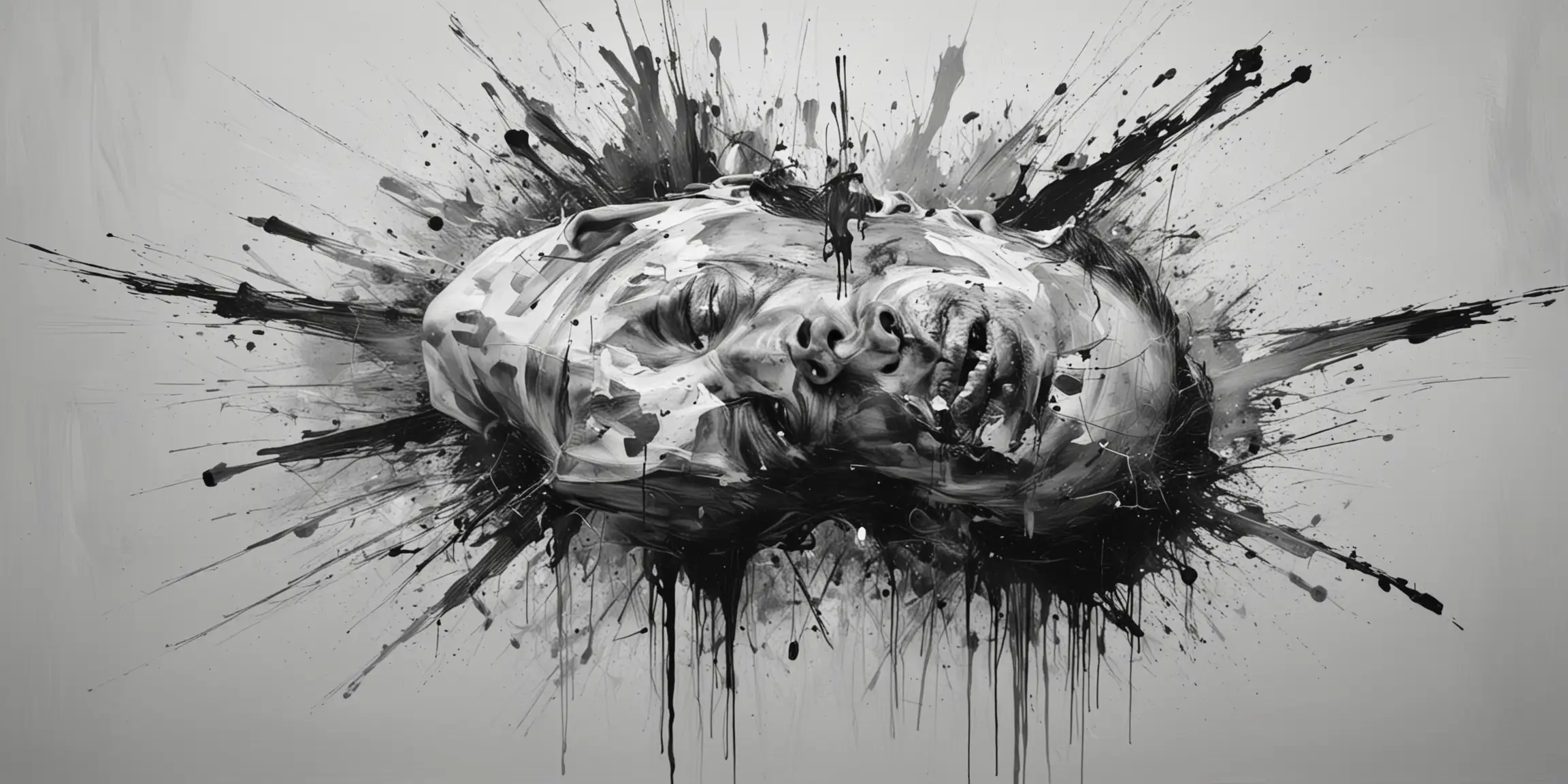 Abstract expressionism portrait photo of a man full of pain performing a lie, black and white, head turned slightly, symbolism in paint marks