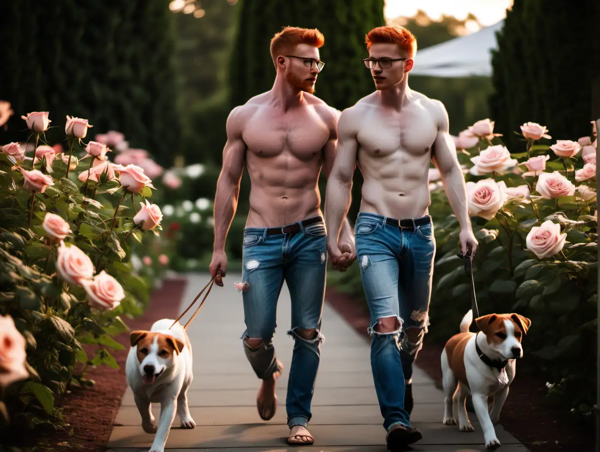 Handsome redhead hunk, short hair, stubbles, glasses, shirtless, torn jeans, open shirt, walking his puppy with his boyfriend , rose garden, evening 