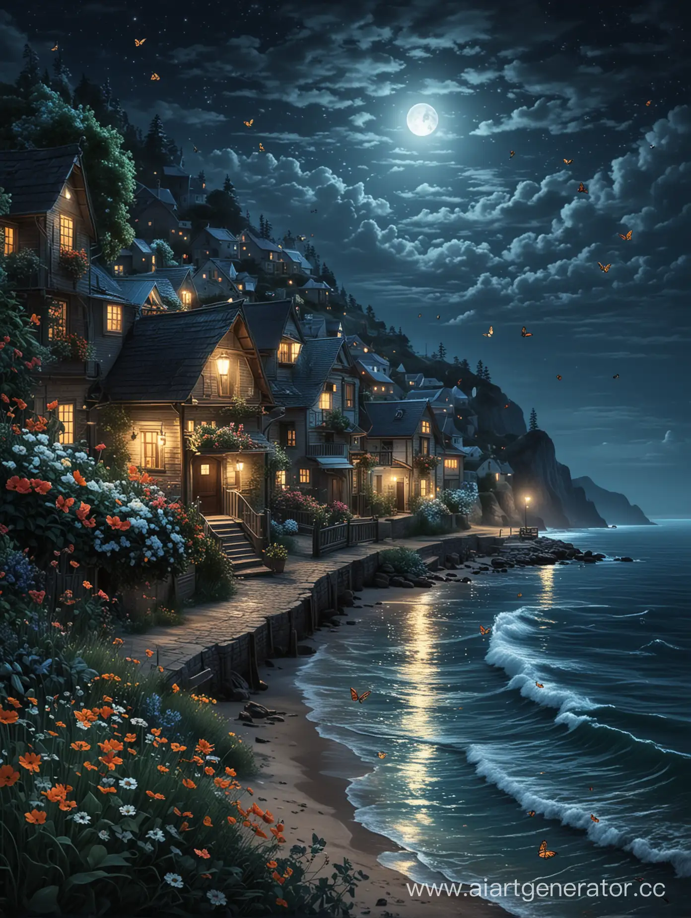 Moonlit-Night-in-a-Serene-Seaside-Town-with-Fluttering-Butterflies
