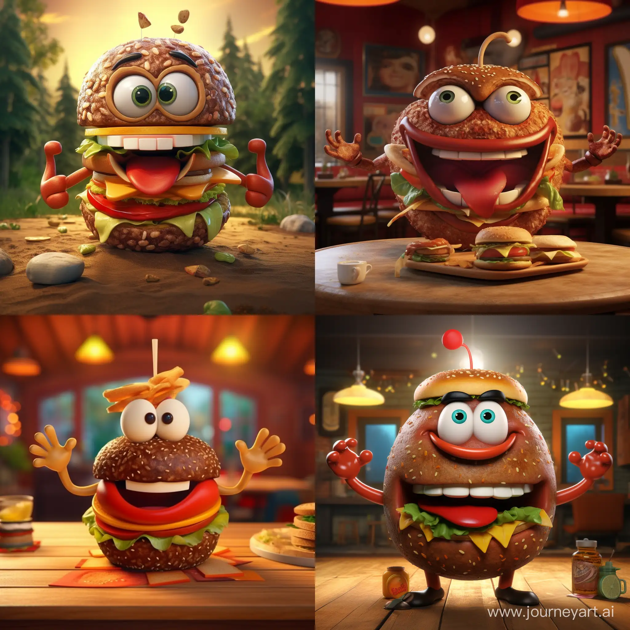 A big talking burger with arms, legs and eyes. 3D animation