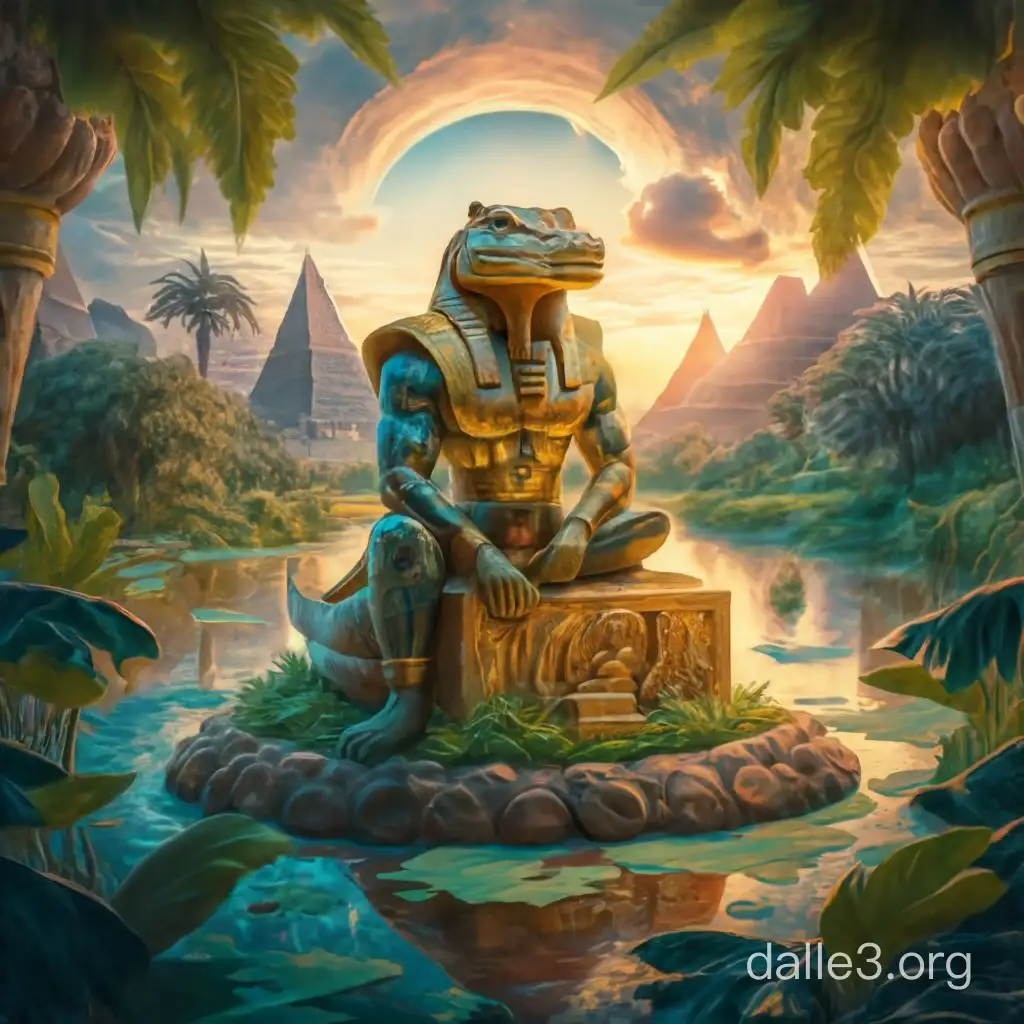 Create an image of Sobek, the ancient Egyptian god of the Nile, sitting atop a majestic crocodile-shaped throne, surrounded by shimmering waters and lush greenery, with the sun setting behind him, casting a golden glow over the landscape. Hyper realism 