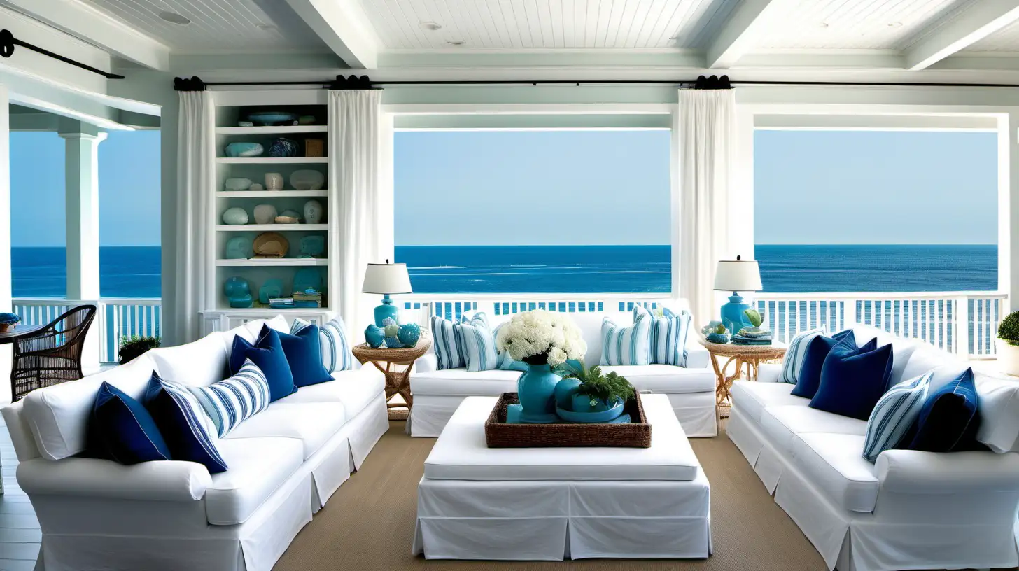 coastal style living room with white slipcovered furniture blue accents and ocean in the background