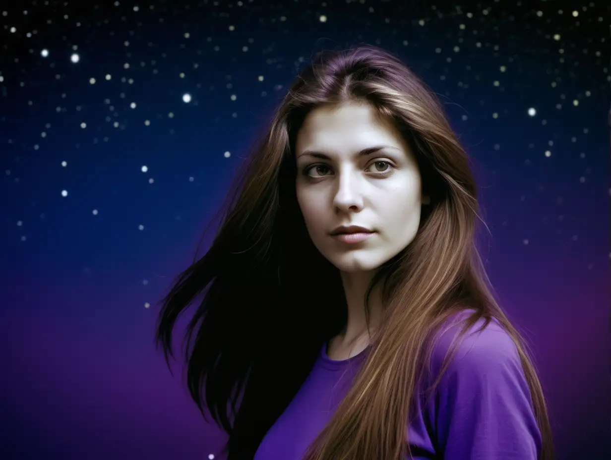 Create a face of a european woman-next-door, long haired in her 35´s, with a space background. Colour scheme should be purple. Make her show more of her right chin. Clothing should be modern, everyday looking.Put her to the very right in the picture and integrate the contours of her hair into the background. Cinematic contrast. Kodak Gold 400.