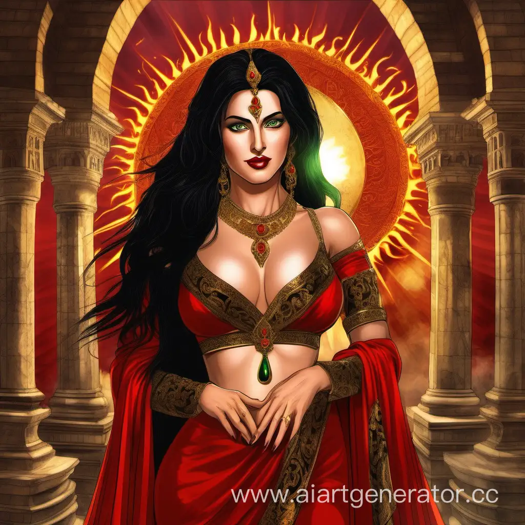 Medieval-Empress-with-Kris-Dagger-in-Hand-Wearing-Red-Sari
