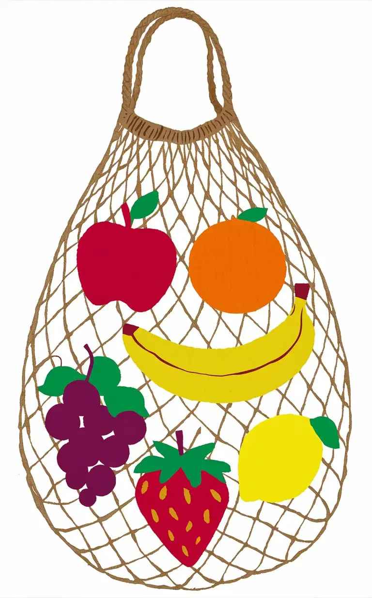 A net bag that has 6 fruit in it. make it simple with cutout fruit shapes. make the fruit shapes cut by kids

