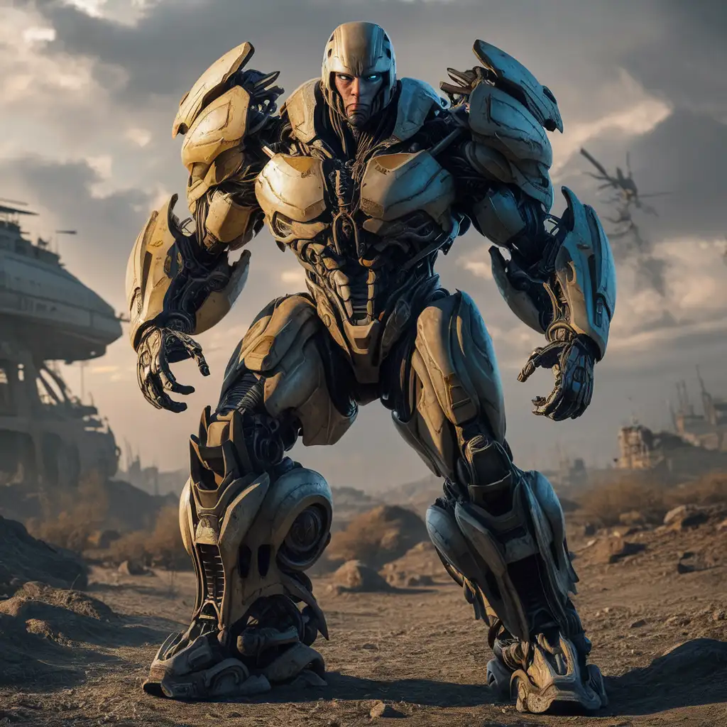 Высокотехнологичный гипербронированный костюм Robocop в стиле Transformer на фоне Пост Апокалипсиса, в героической позе, широкие плечи, телосложение бодибилдера, слияние человеческой головы и костюм Трансформера, идеальная композиция в стиле фантастического будущего, красивый дизайн роботизированного костюма в стиле Robocop, брутальный, объемный, гигантский робот, высоко детализированные мелкие детали, сложный дизайн дополнительной брони, безумно детализированный рендер с октановым числом, художественная фотография 8k, фотореалистичный концепт-арт высокотехнологичного костюма Robocop, мягкий естественный объемный кинематографический свет, светотень, награда–фотография-победитель, шедевр, идеальная композиция, четкий фокус, студийная фотография, сложные детали, высокая детализация, неоновая атмосферная подсветка из под костюма, абстрактные цвета, высокотехнологичный механический шедевр, детализированные запчасти, высокотехнологичная замысловатая сложность деталей, фотореалистично в стиле Raw
