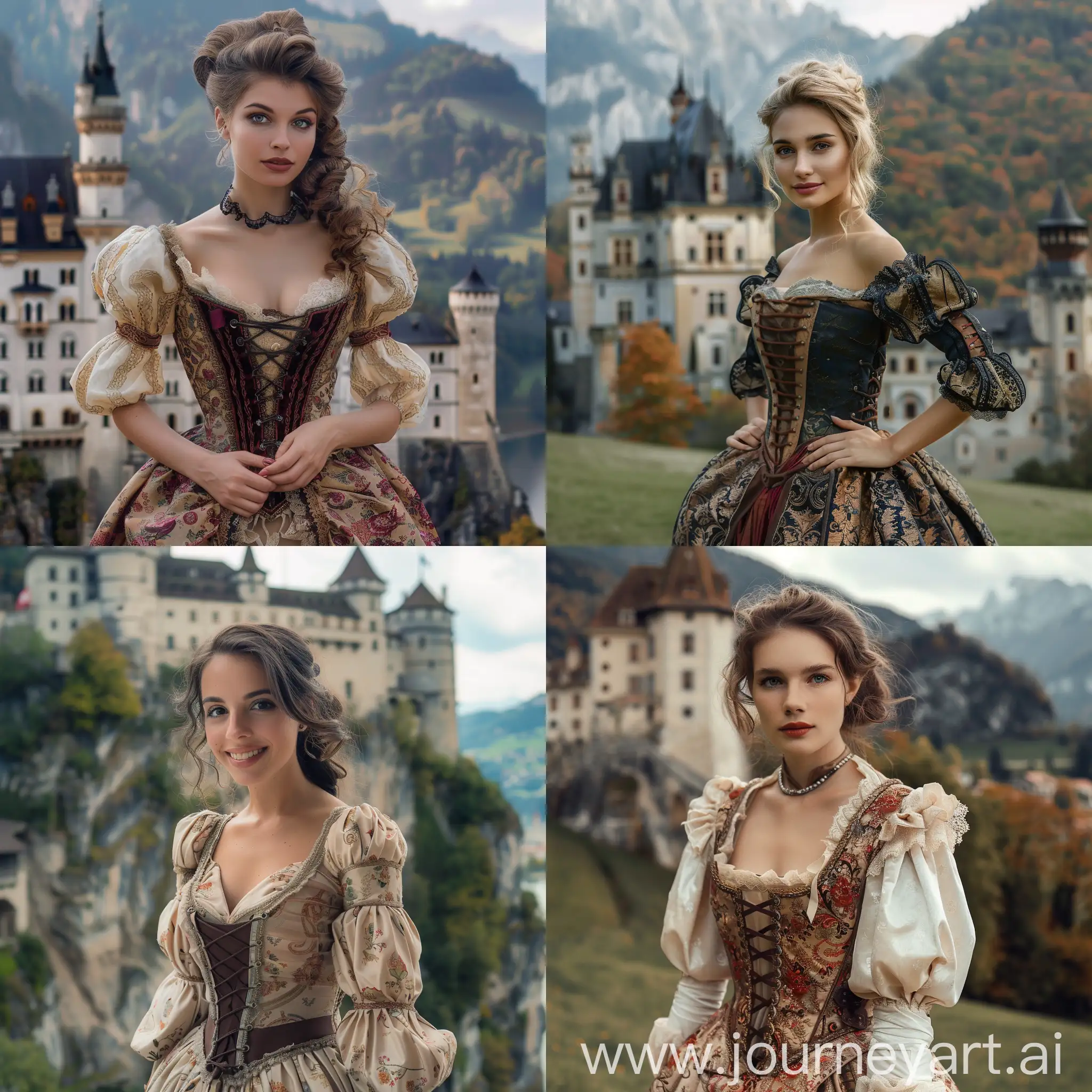 Most beautiful Switzerland lady, 20 years old, baroque dress with corset, royal Switzerland castle background