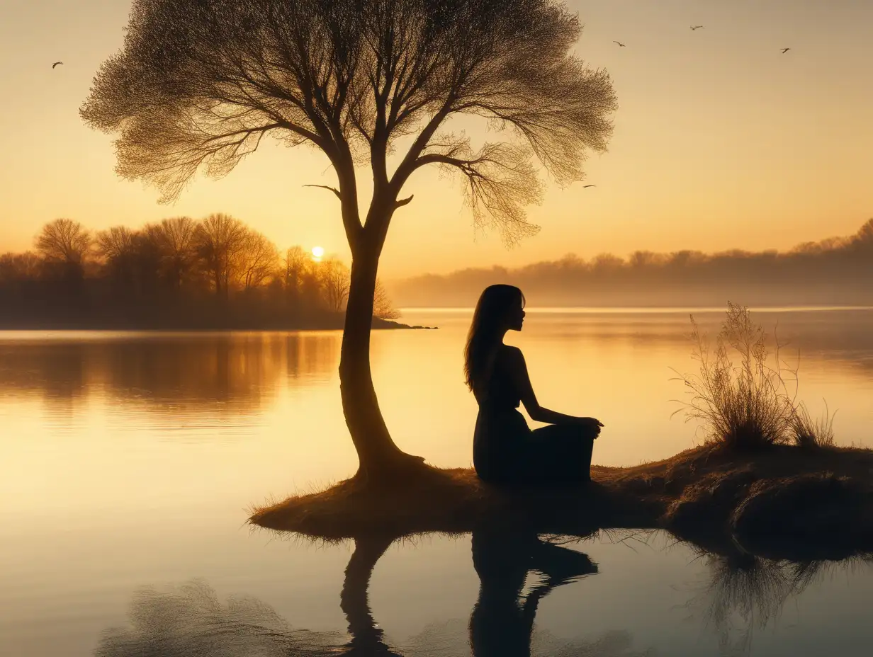 create a realistic image of a beautiful woman sitting at a peaceful lake, that is reflecting the soft, golden light of the sunrise at dawn on a new day, and a silhouette of a single tree standing tall