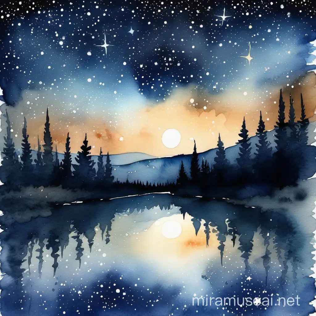 Starry Night Sky Watercolor Painting Serene Landscape with Celestial Beauty